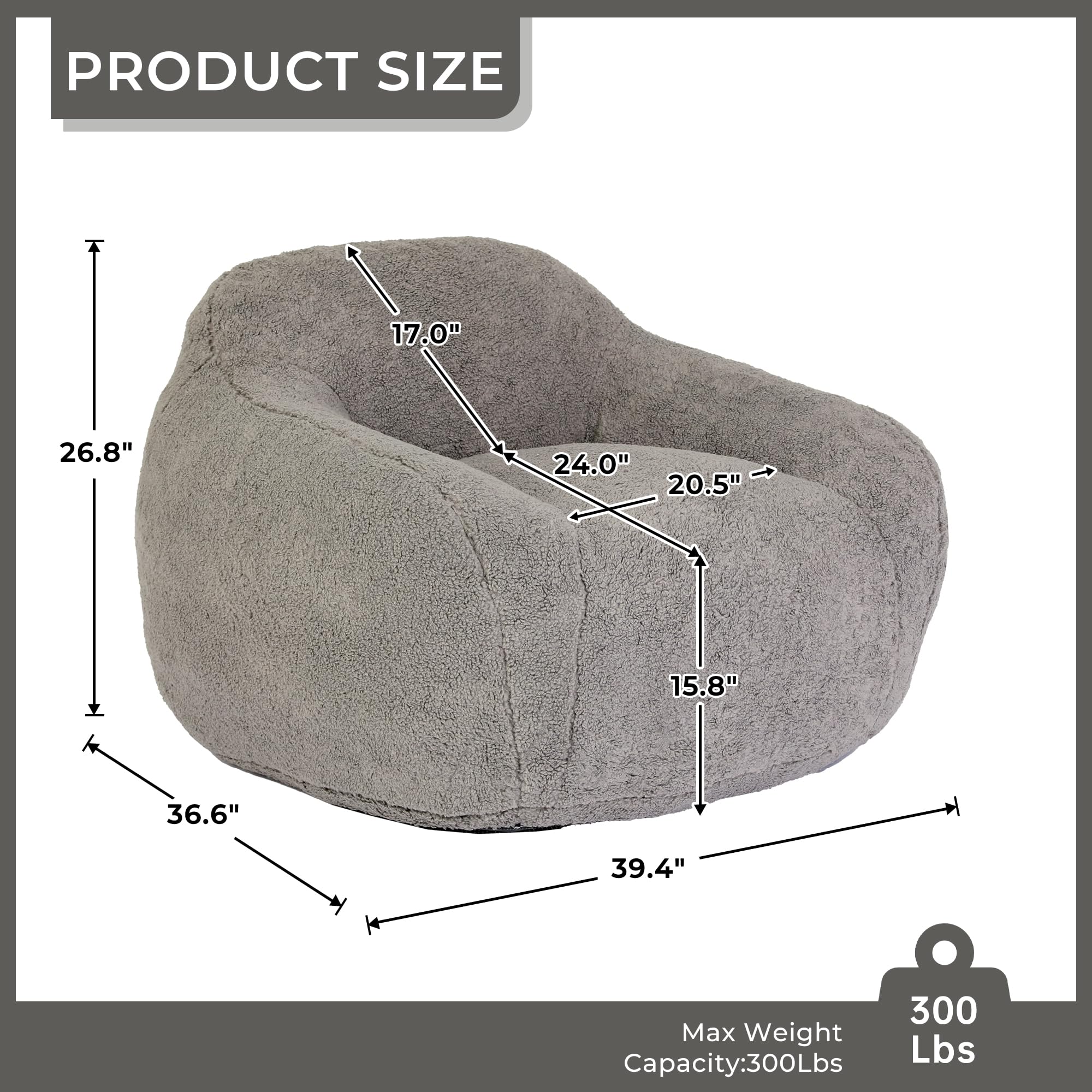 Sudwesto Oversized Bean Bag Chair, Teddy Upholstered Bean Bag Sofa with Wide Seat, Stuffed Beanbag Chair for Adult, Lazy Floor Sofa with Filler, Bean Bag Couch for Living Room (Light Gray)