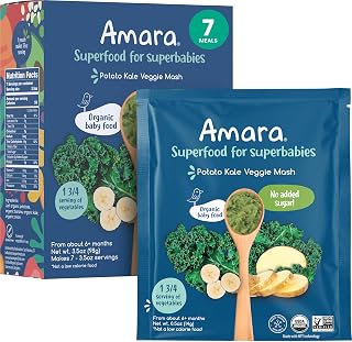 Amara Organic Kale Potato Stage 2 Baby Cereal - 7 Shelf-Stable Pouches, Mix with Breastmilk/Formula - Non-GMO Superfood Veggies