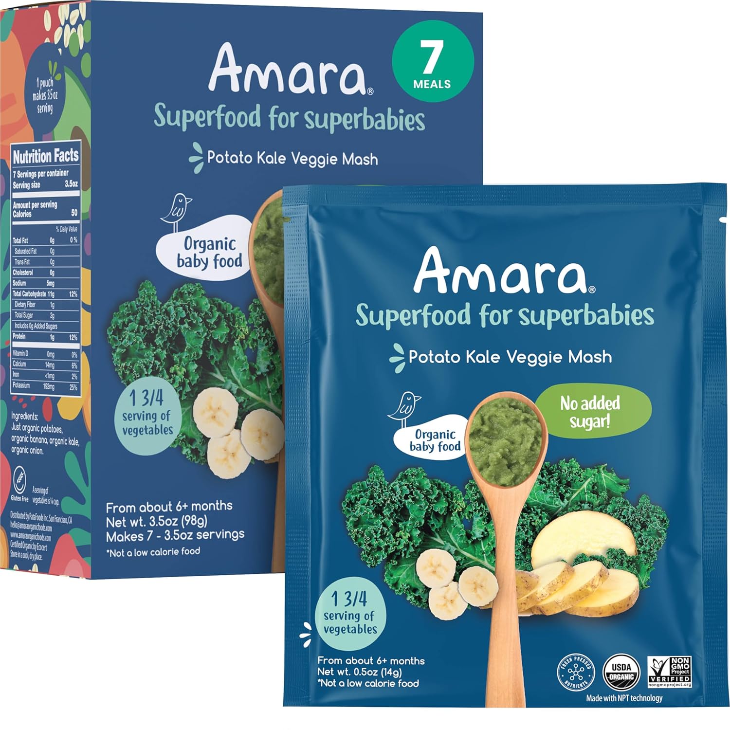 Amara Organic Kale Potato Stage 2 Baby Cereal - 7 Shelf-Stable Pouches, Mix with Breastmilk/Formula - Non-GMO Superfood Veggies