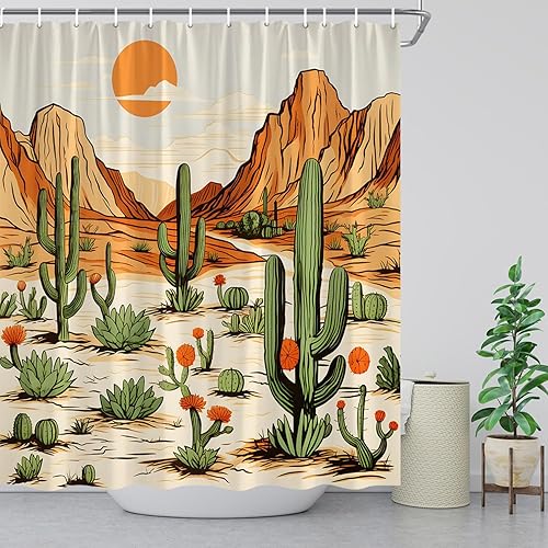 Miniatura 3 de Cortina de ducha occidental, cactus, montaña, desierto, paisaje, étnico, azteca, americano, vaquero, decoración de baño, cortinas de tela con ganchos