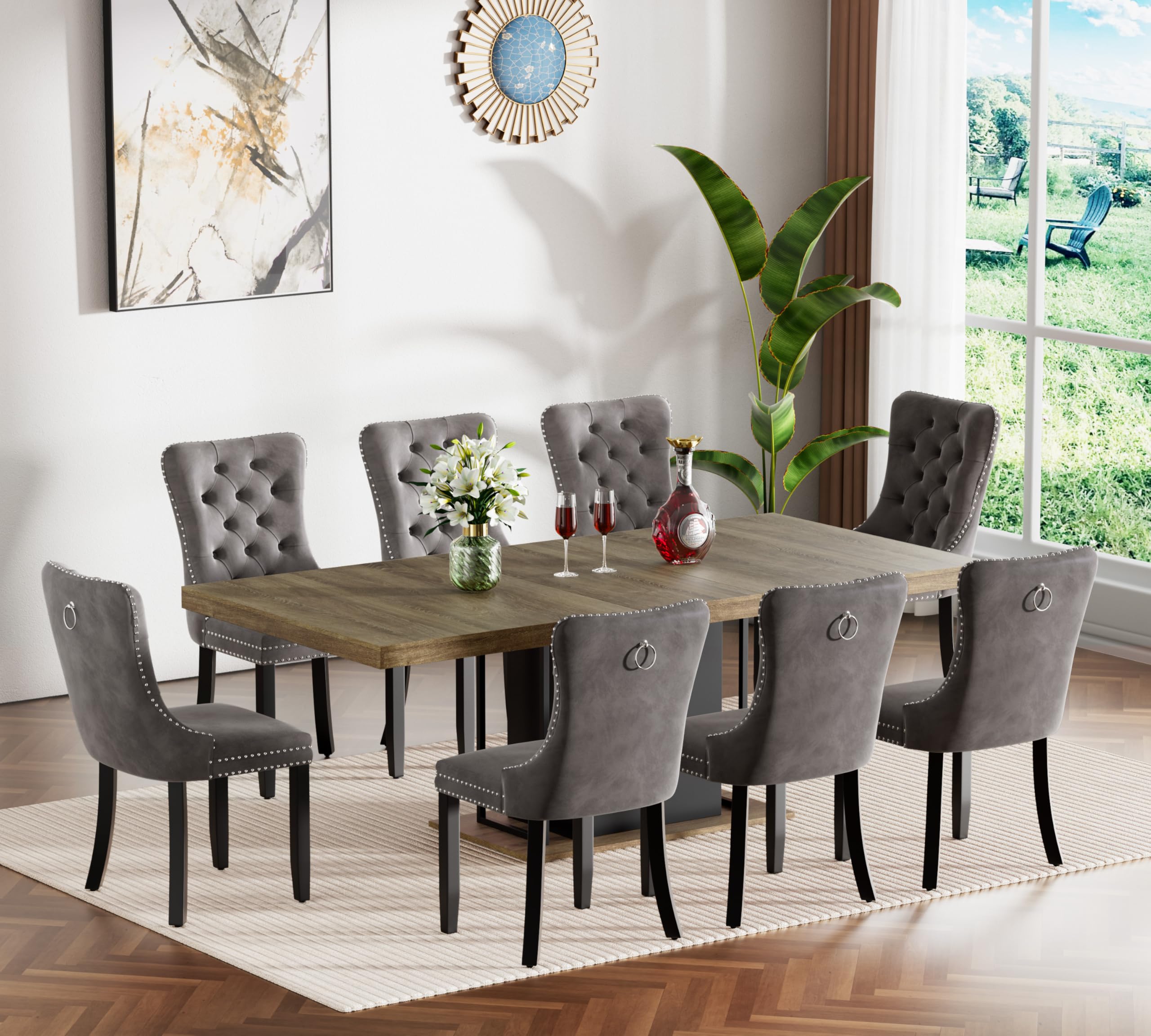 Henf 9-Piece Dining Table Set with 8 Upholstered Chairs, Rectangular Extendable Table Set for 8, Wood Dining Room Set for Kitchen Home, 78.74in (