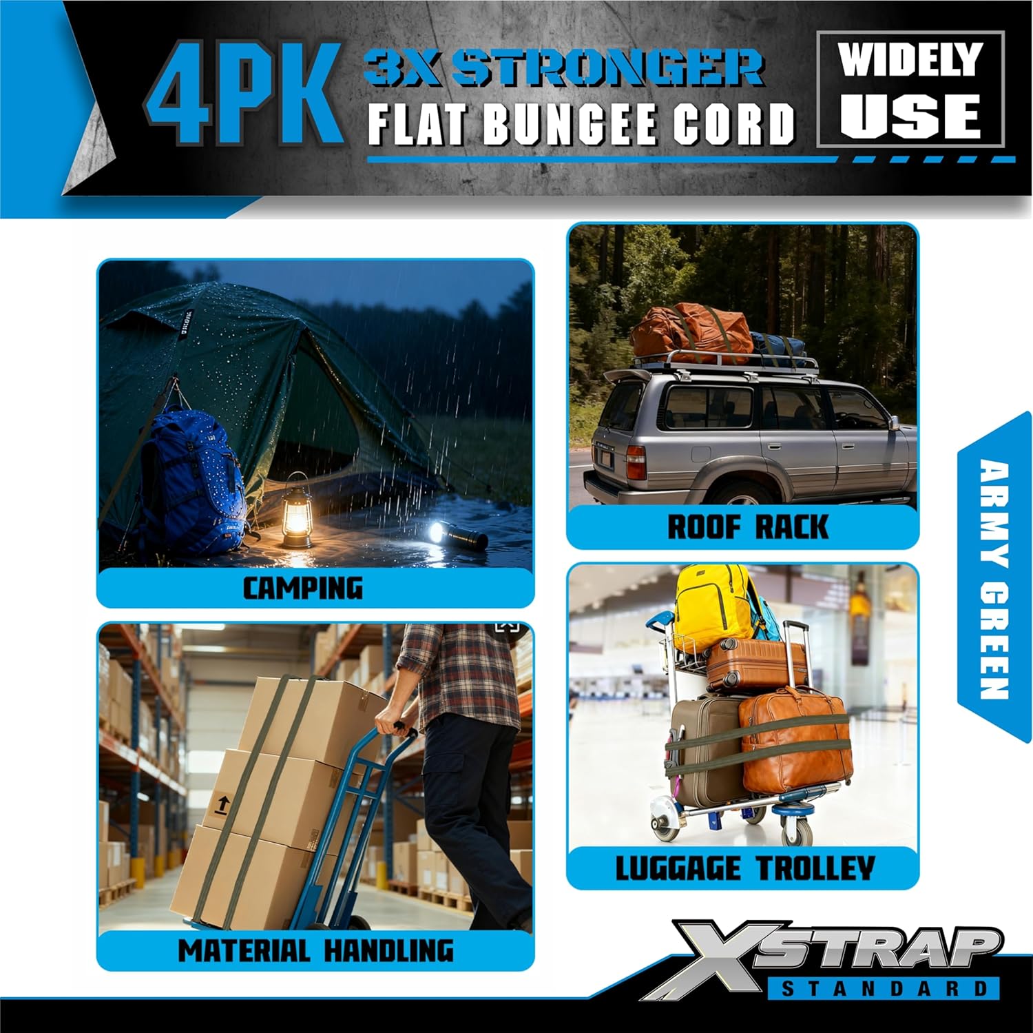 XSTRAP STANDARD 4PCS Adjustable Bungee Cords with Hooks 77 Inch, Heavy Duty Flat Tarp Straps Elastic Bungee Cords for Cargo, Luggage, Camping, and Outdoor Use, Army Green