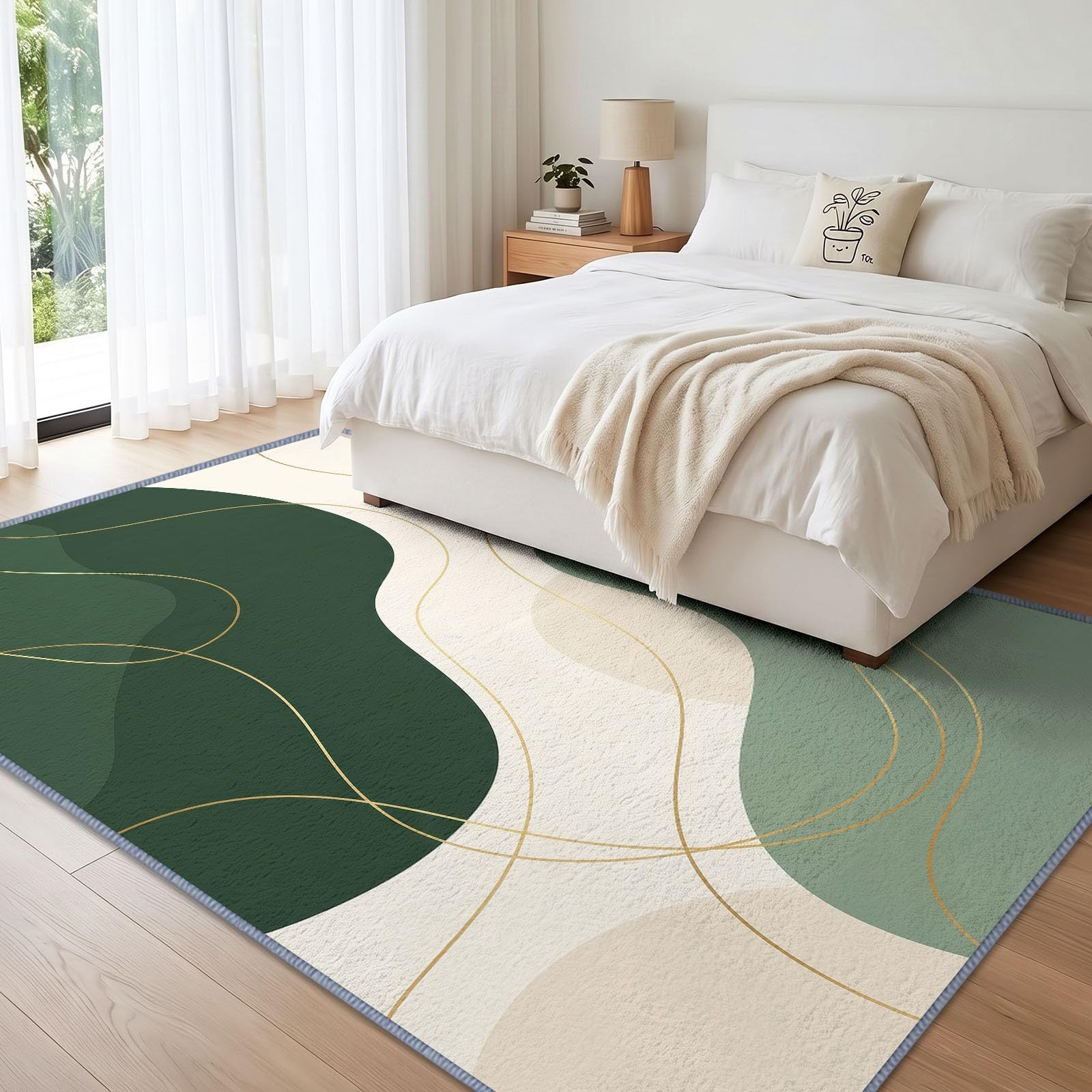 Bohème Grand Tapis Salon Antidérapant Lavable en Machine 140x200cm, Poil Ras Doux Vert Sauge Courbe Dorée Bloc Couleur Tapis pour Salle a Manger Bureau Cuisine Decoration Chambrel