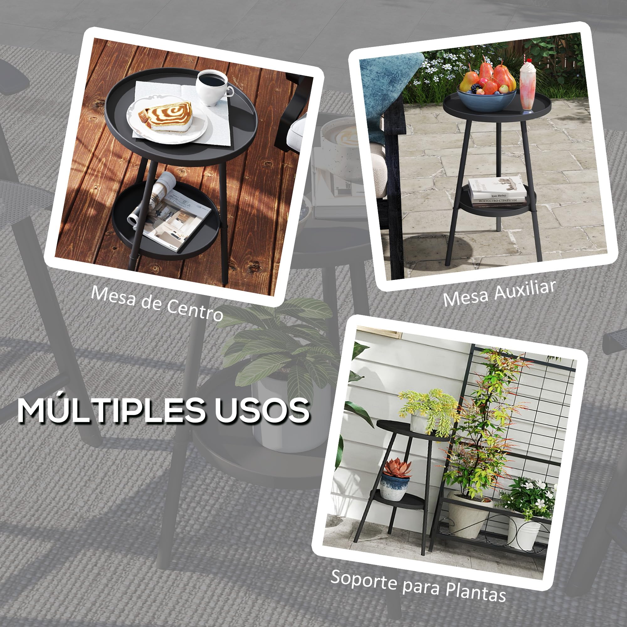 Outsunny Mesa de Jardín Redonda de 2 Niveles Mesa de Terraza Exterior Ø32x51 cm con Bandeja Inferior y Estructura de Metal para Exterior e Interior Negro