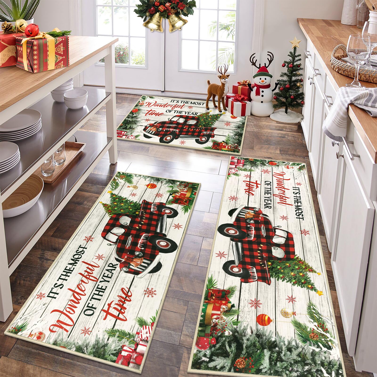 HEBE Christmas Kitchen Rugs Sets of 3, Non Slip Christmas Tree Rug for Kitchen, Farmhouse Kitchen Mats for Floor Washable Floor Carpet Set for Winter