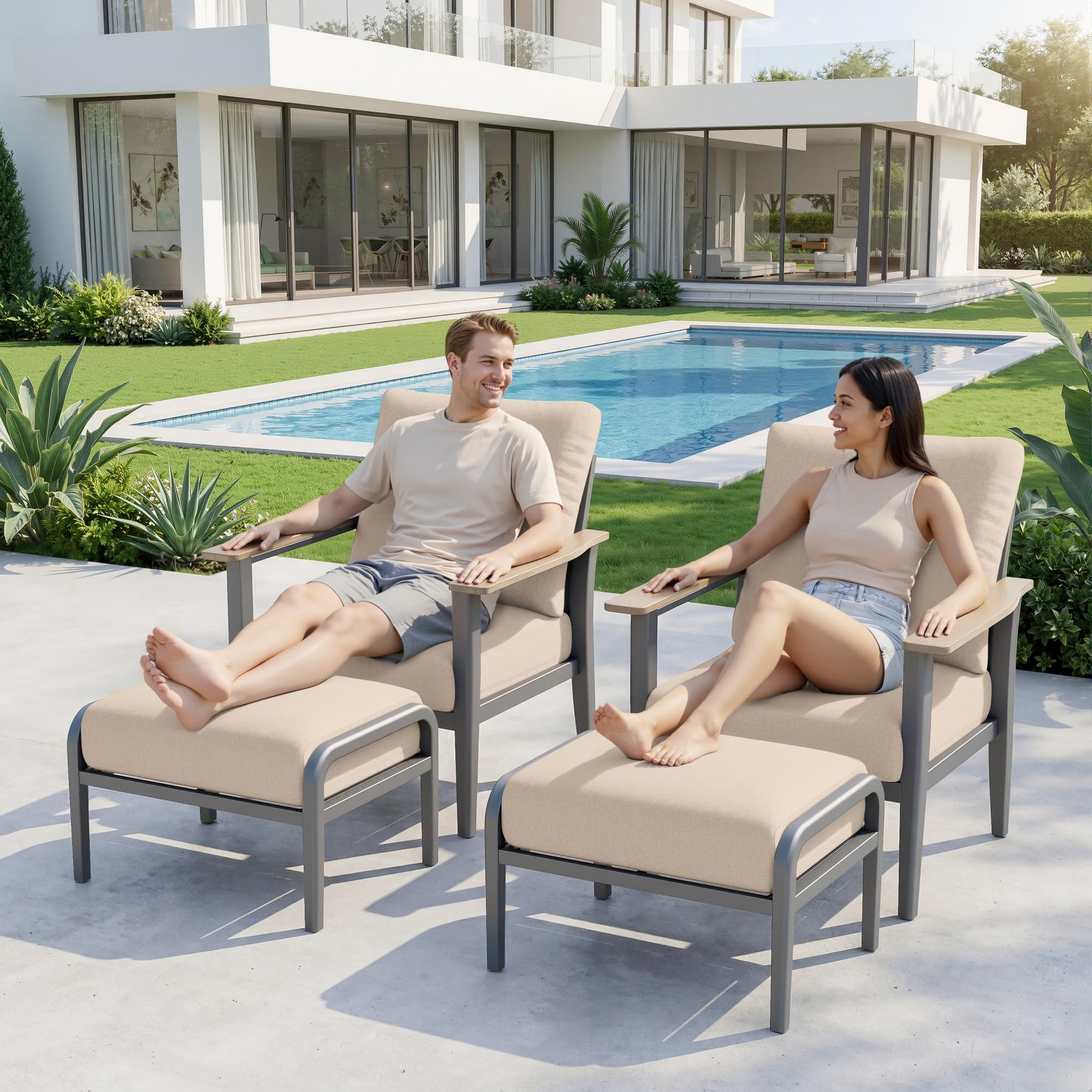 Sweecci Aluminum Patio Chairs with Ottomans, 4-Piece Outdoor Patio Furniture Set, Modern Lounge Armchairs with Footrests, Wood-Like Armrests & 5.1"
