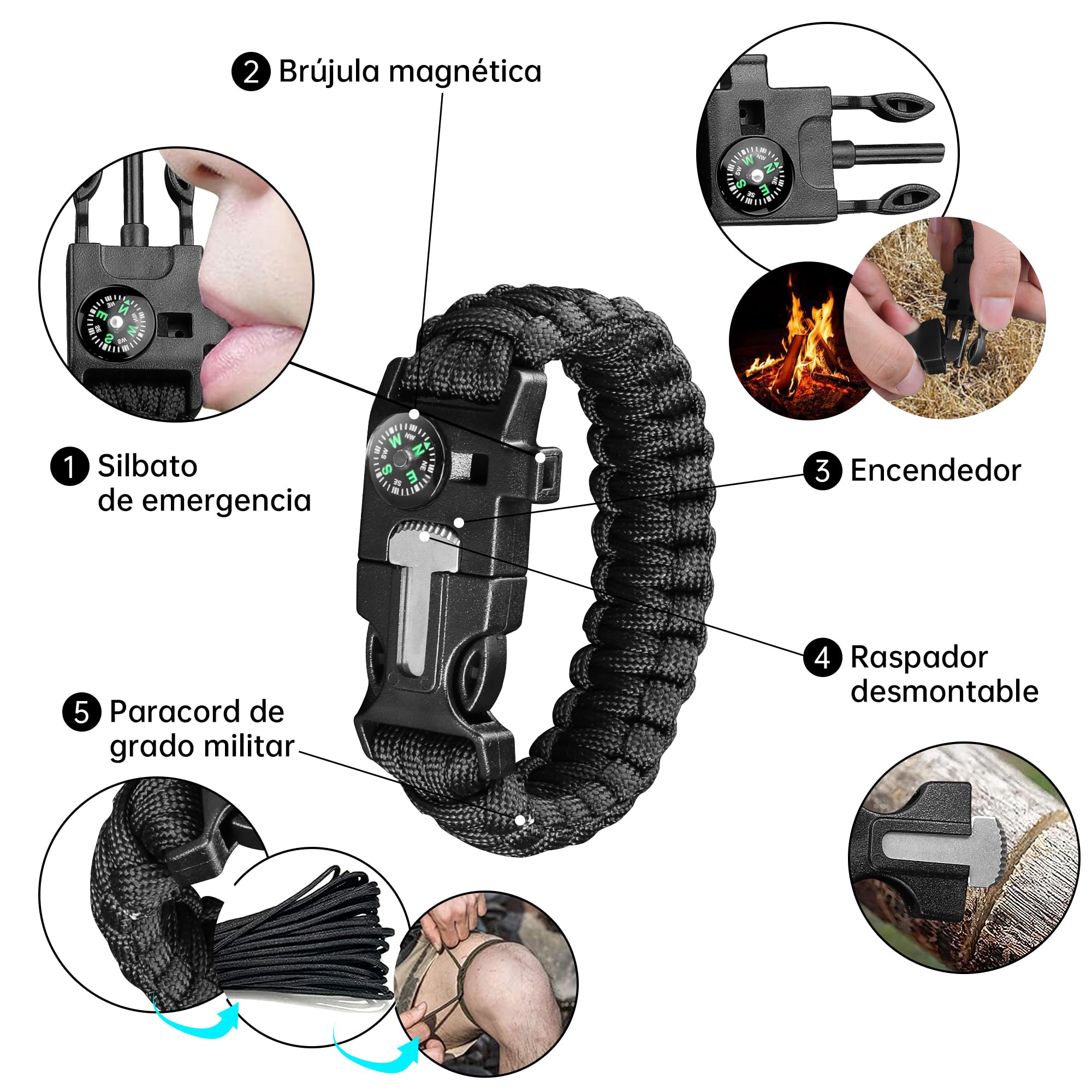 Plys Cuchillo Caza Cuchillo Supervivencia: Cuchillo de CinturóN de Hoja Recta Con Funda de Cuero,Pulsera de Paracord,Mango de Madera,Regalos Para Hombres