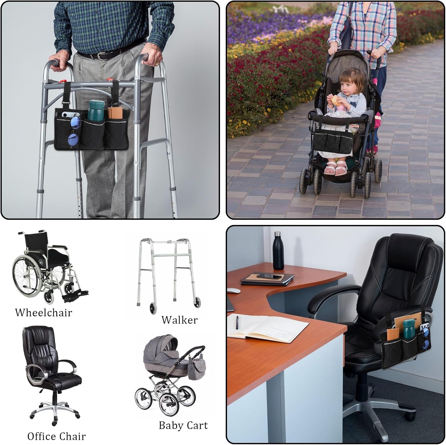 Black Wheelchair Bags to Hang on Side,Wheelchair Side Bag,Pongee Material Wheelchairs Accessories,Lightweight and Waterproof for Most Sizes and Styles of Wheelchairs, Transportation Chairs