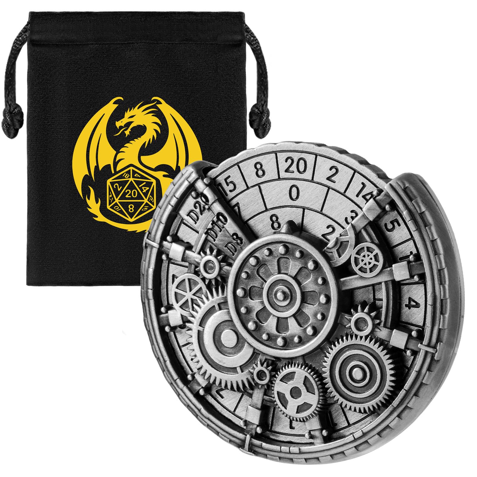 DND Wheel Dice Spiner, Fingertip Gyro, 7-in-1 Gear Metal D&D Dice, DND Starter Set, Gear Roulette Dice Spinner, D&D Gifts with Dragon Gift Bag, Role Playing Board Game Accessories, Silver