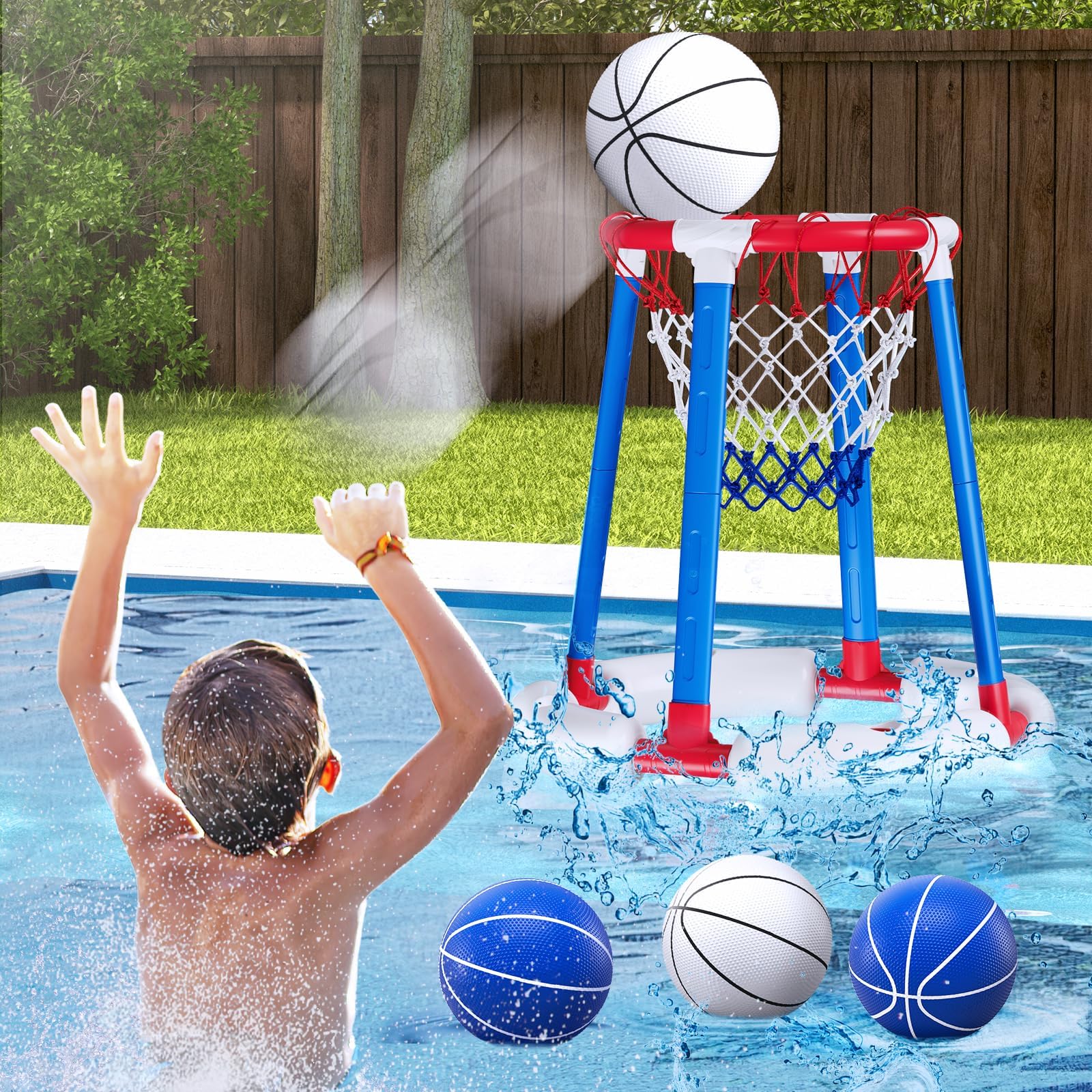 Pool Basketball Hoop Poolside, Floating Pool Toys with 4 Basketballs/4 Water Balloons/Pump, Swimming Pool Games for Kids & Adults Indoor Outdoor Play, Red