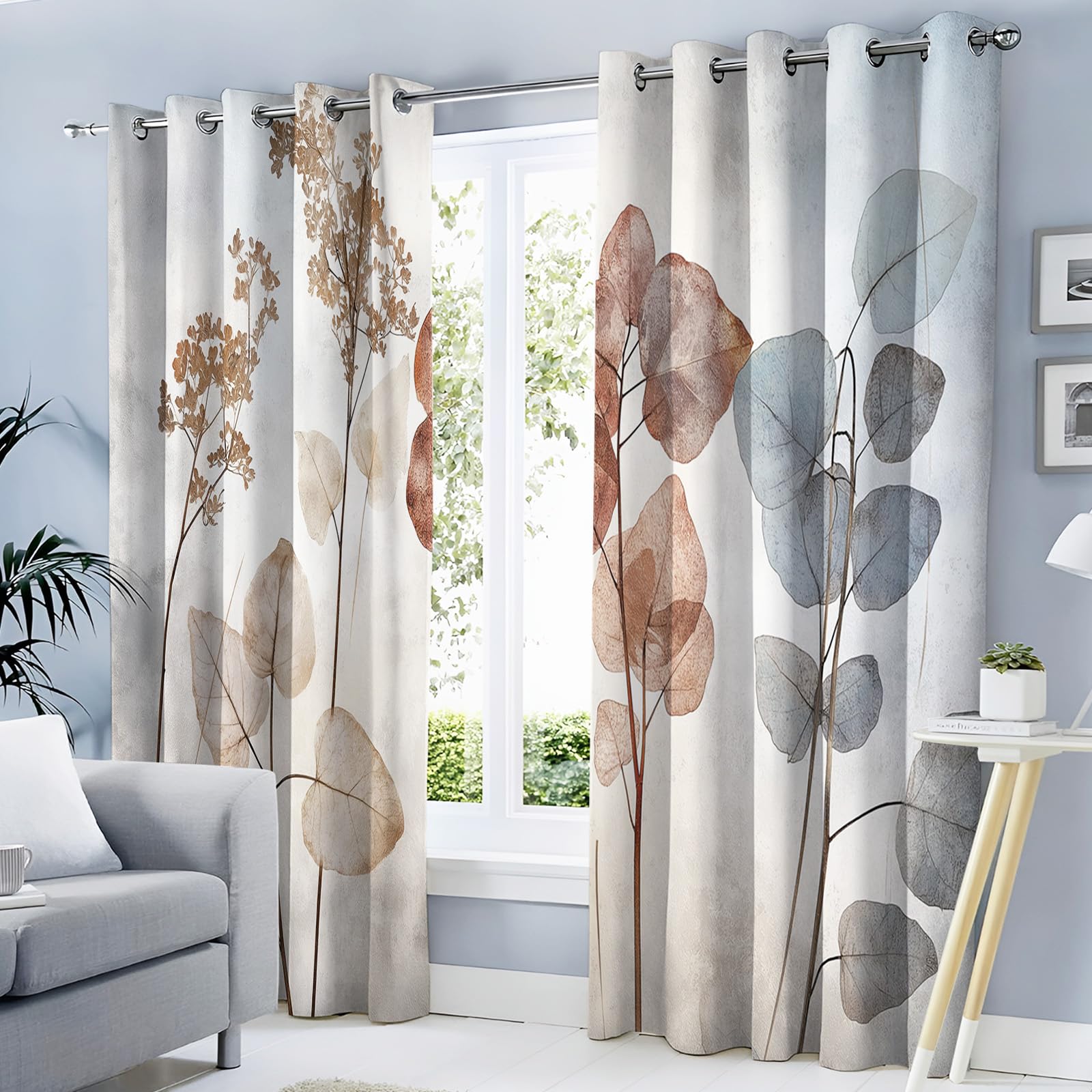 Rideau occultant végétal pour chambre cocooning : motif feuilles brun 117x137 cm
