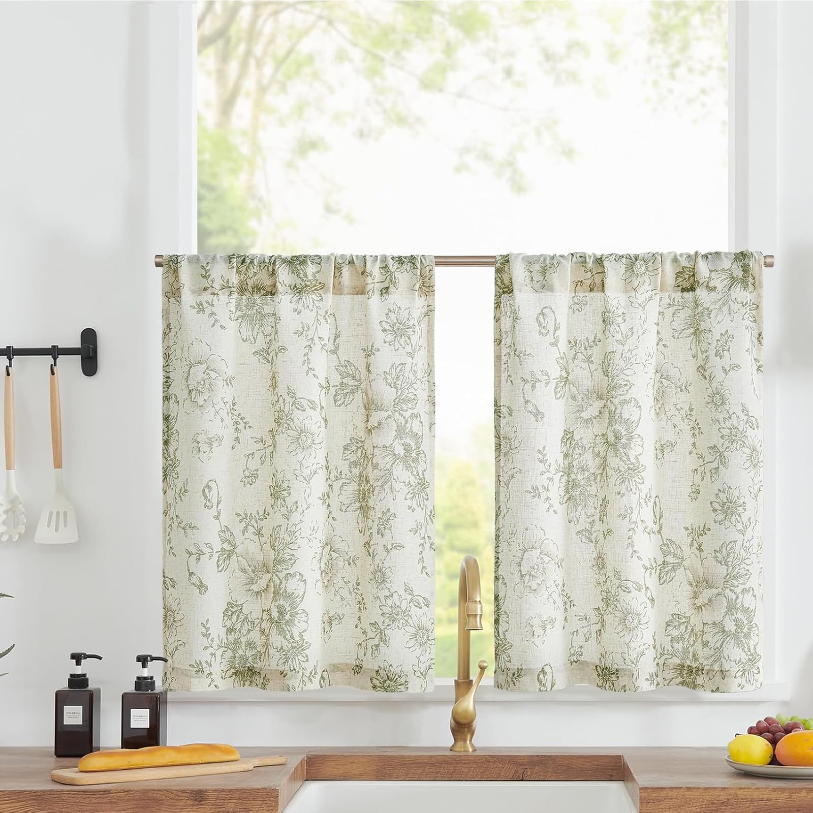 jinchan Floral Linen Tier Curtains 30 Inch Farmhouse Botanic Cafe Drapes for Small Windows Rustic Half Window Curtains for Kitchen Living Room