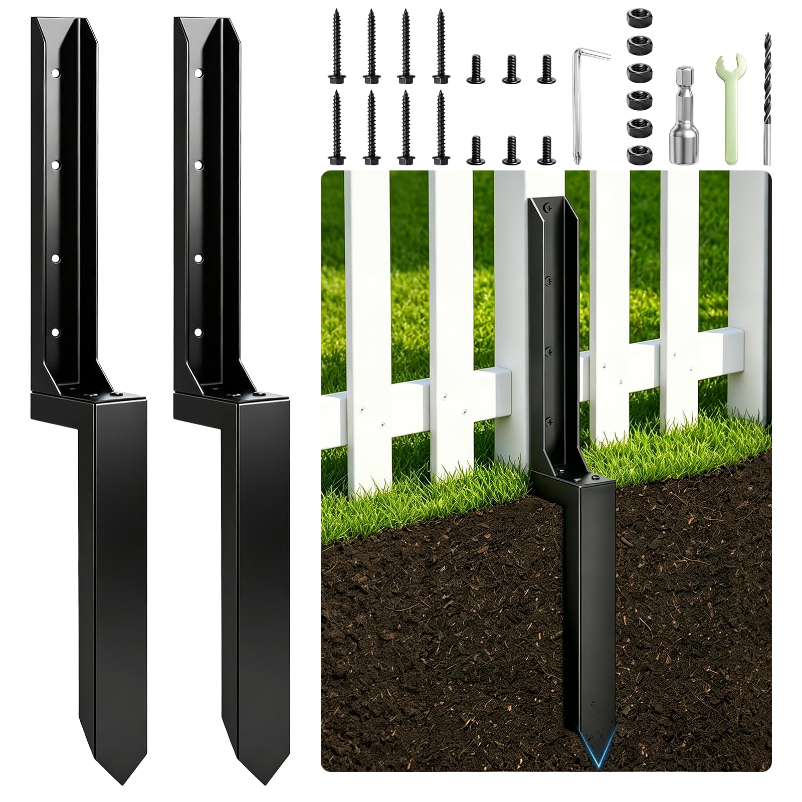 Orifesio Heavy Duty Fence Post Repair Kit, 2 Pack Steel Garden Fence Post Supports, Reinforced Fencing Spikes H-Shaped Design for Repairing Leaning or Broken Wood Posts
