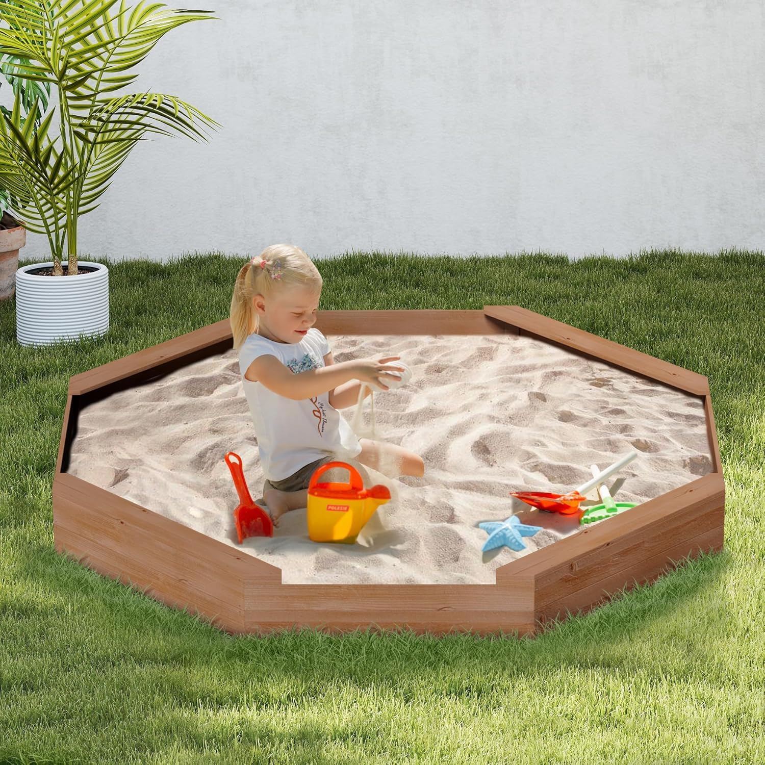 Large Octagonal Wooden Outdoor Sandbox, Outdoor Sandbox with Cover w/ 4 Reinforced Benches, Wood Octagonal Sand Box with Cover