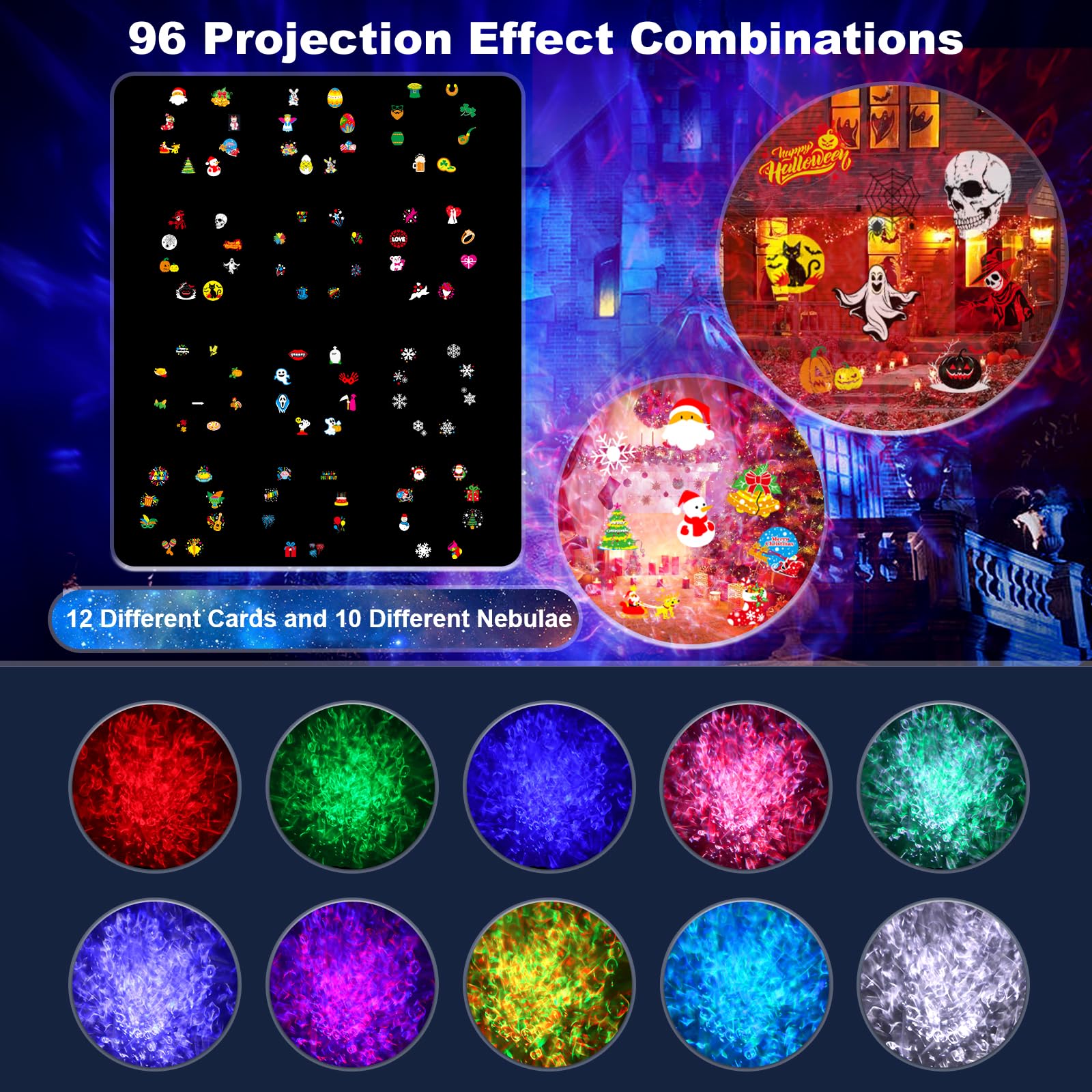 Projektor Weihnachten Außen, 2-in-1 Hologramm Projektor mit 12 Folien 8 Mustern 10 Farben Welleneffekt, Wasserdicht Projektionslampe mit Timer für Weihnachten Fensterdekor