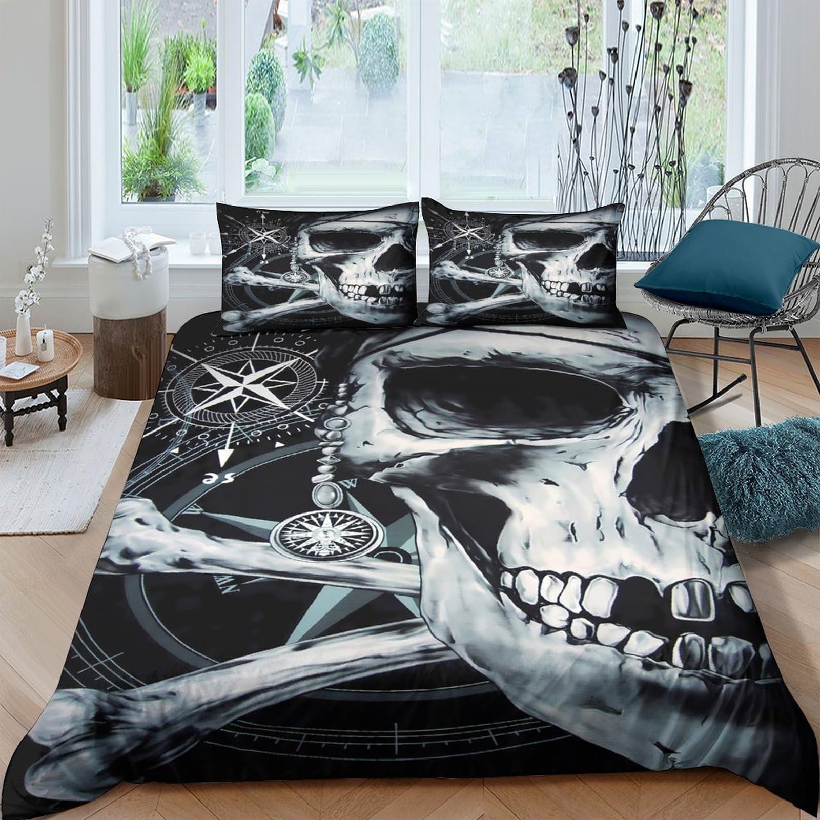 Ctjqhvkz Style-2 3D Printed Skull Crossbones Fitted Sheet Microfiber Black Gothic Mattress Cover Non Slip Bedroom Decor Machine Washable Single（135X200cm）