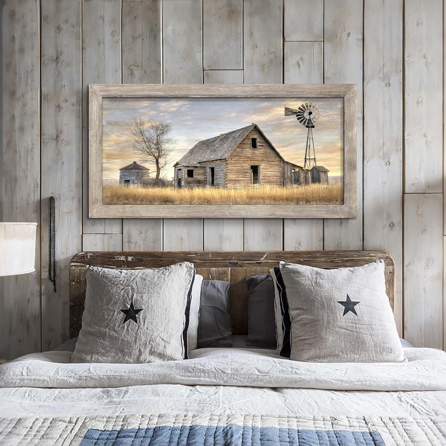 Sunset Farmhouse Framed Wall Art: Weathered Barn Picture Prints Countryside Windmill Painting Rustic Wooden Artwork for Bedroom Country Home Decor