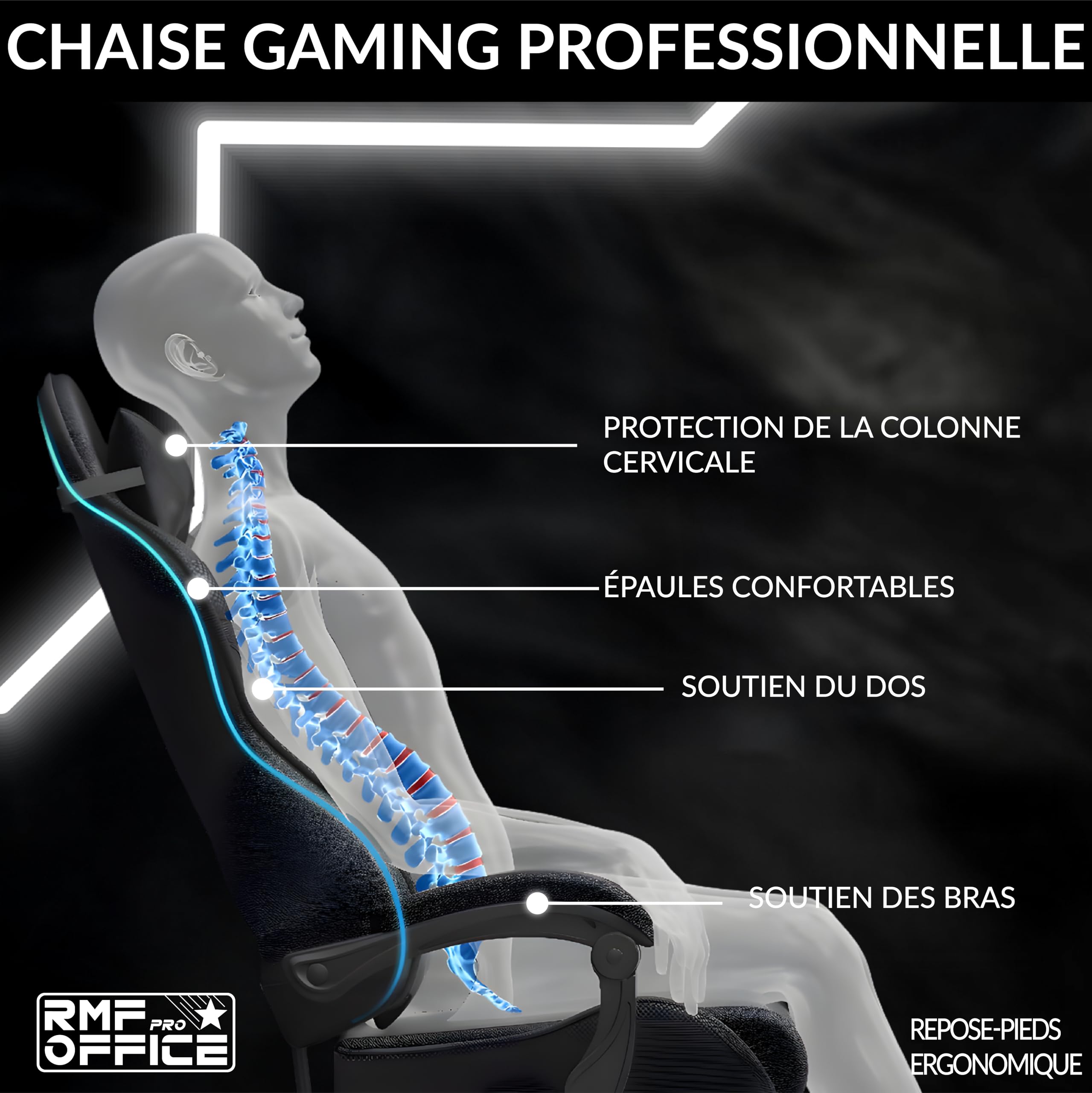 RMF Chaise Gaming Professionnelle Ergonomique Inclinable, Fauteuil Gaming Assise Confortable et Relaxante avec Repose-Pieds - Chaise pour Gamer avec Roues Pivotantes, Hauteur Réglable Noir
