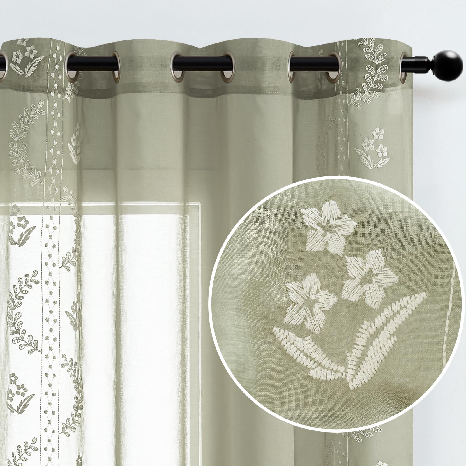 TOPICK Embroidery Floral Net Curtains for Bedroom Windows Linen Look Light Filtering Voile Eyelet Curtains 54 Inch Drop - Image 4