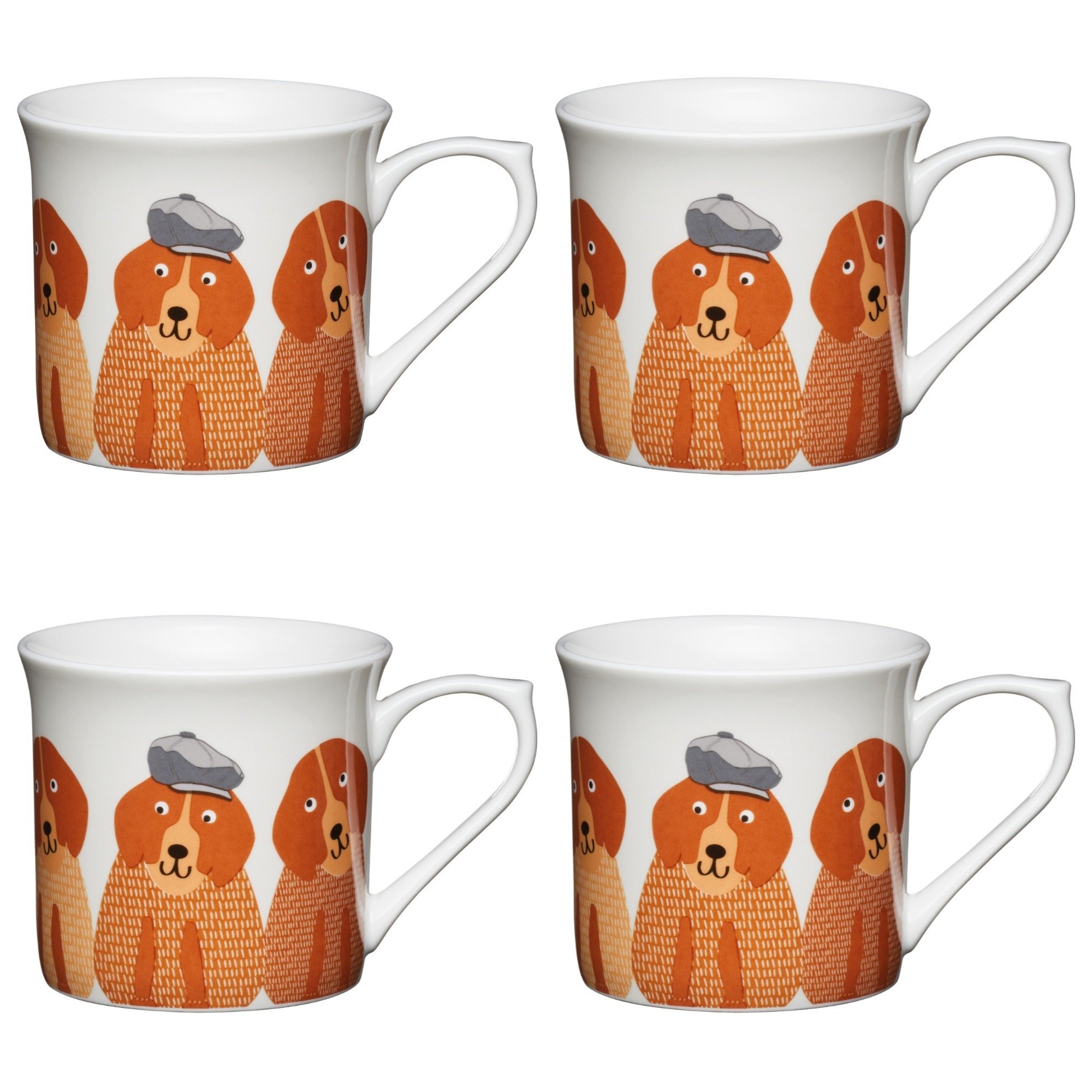 KitchenCraft Fine Bona China 'Dogs' Fluted Printed Animal Mugs, 300 ml - Multi-Colour (Set of 4)