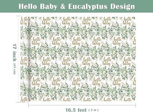 Miniatura 3 de WRAPAHOLIC Papel de regalo neutro para baby shower, mini rollo, 17 pulgadas x 16.5 pies, papel de regalo verde salvia de eucalipto Hello Baby para