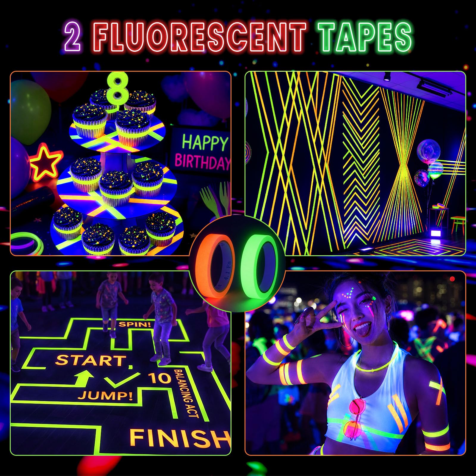 LovesTown 2 Pack Neon-Themed Table Skirts with 2 Fluorescent Tapes