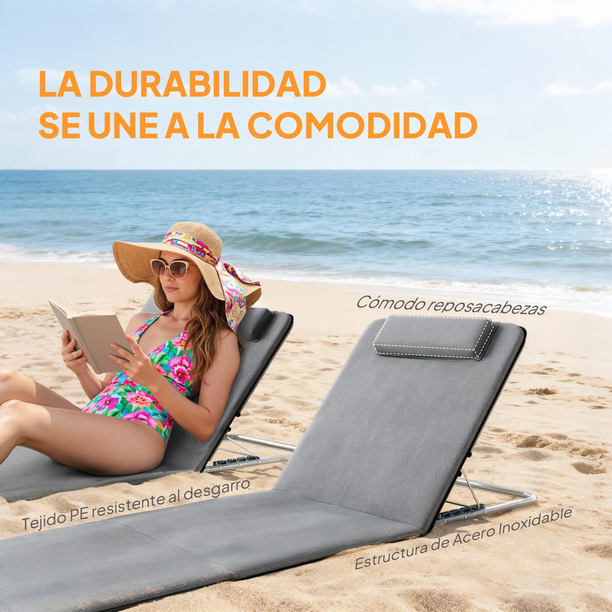 Outsunny Conjunto de 2 Esterillas de Playa Plegable Esterillas con Respaldo Reclinable en 5 Niveles Reposacabezas y Bolsa de Transporte 134x48x33-43 cm Gris