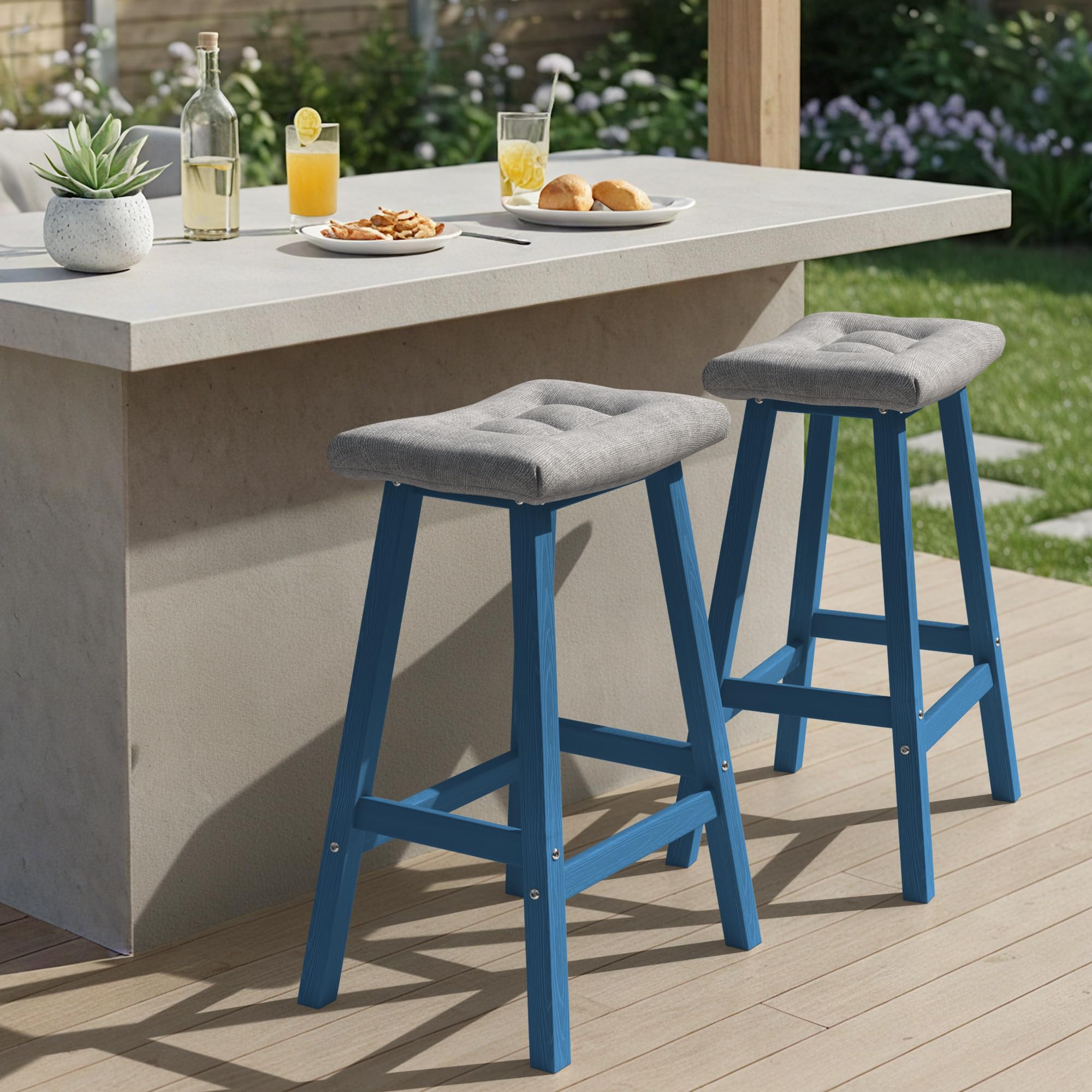 Ciokea 2 Set 29" Outdoor Bar Stools with Cushions, Heavy Duty HDPE Outdoor Stools Weatherproof Waterproof Patio Seats Modern Bar Height Tall BarStools for Bar Deck Balcony Kitchen Yard, Navy Blue