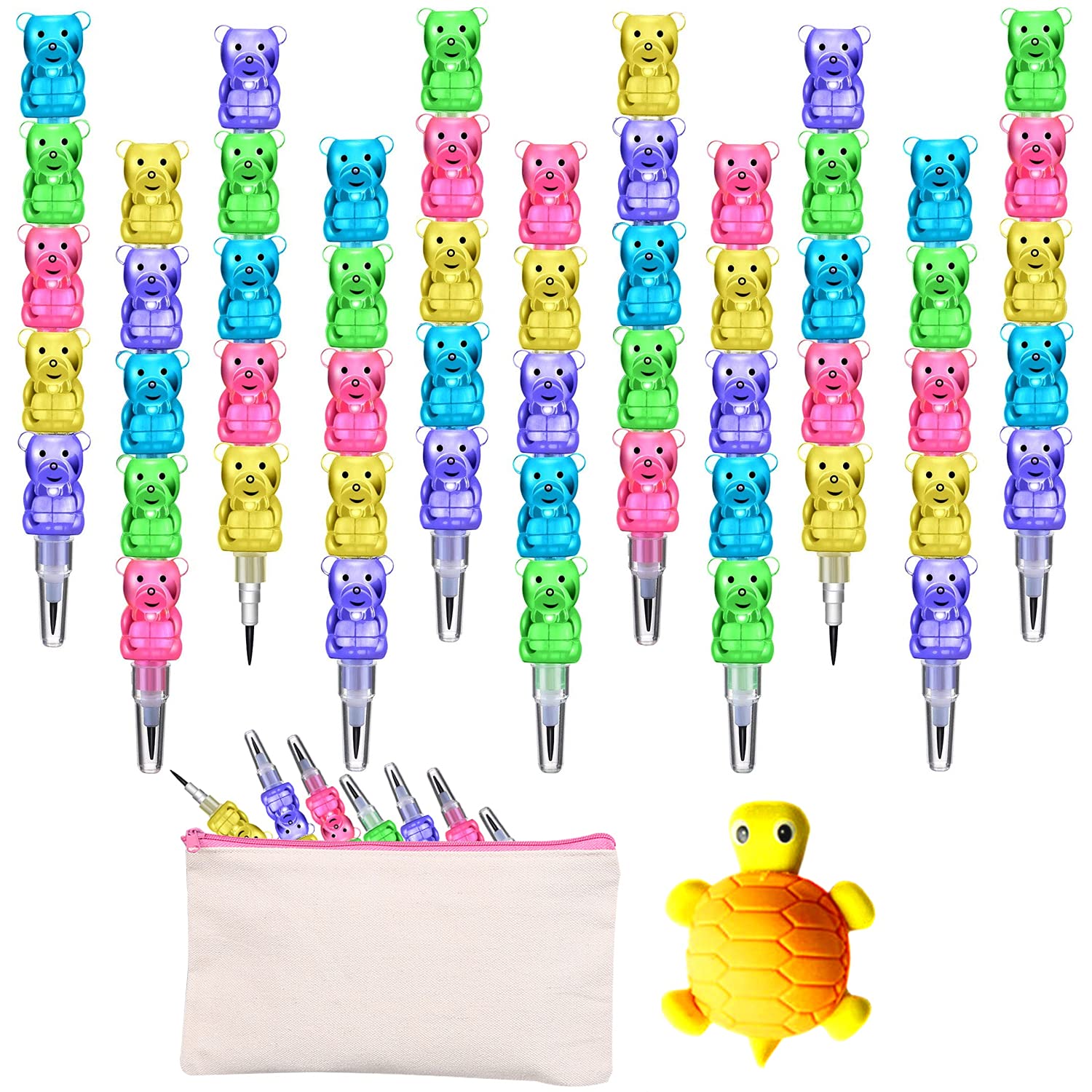 Odowalker 32pcs Stackable Pencils Plastic Bear Pencils 5 in 1 Stacking Colored Pencils with Turtle Erasers and DIY Blank Bag For Birthday Party