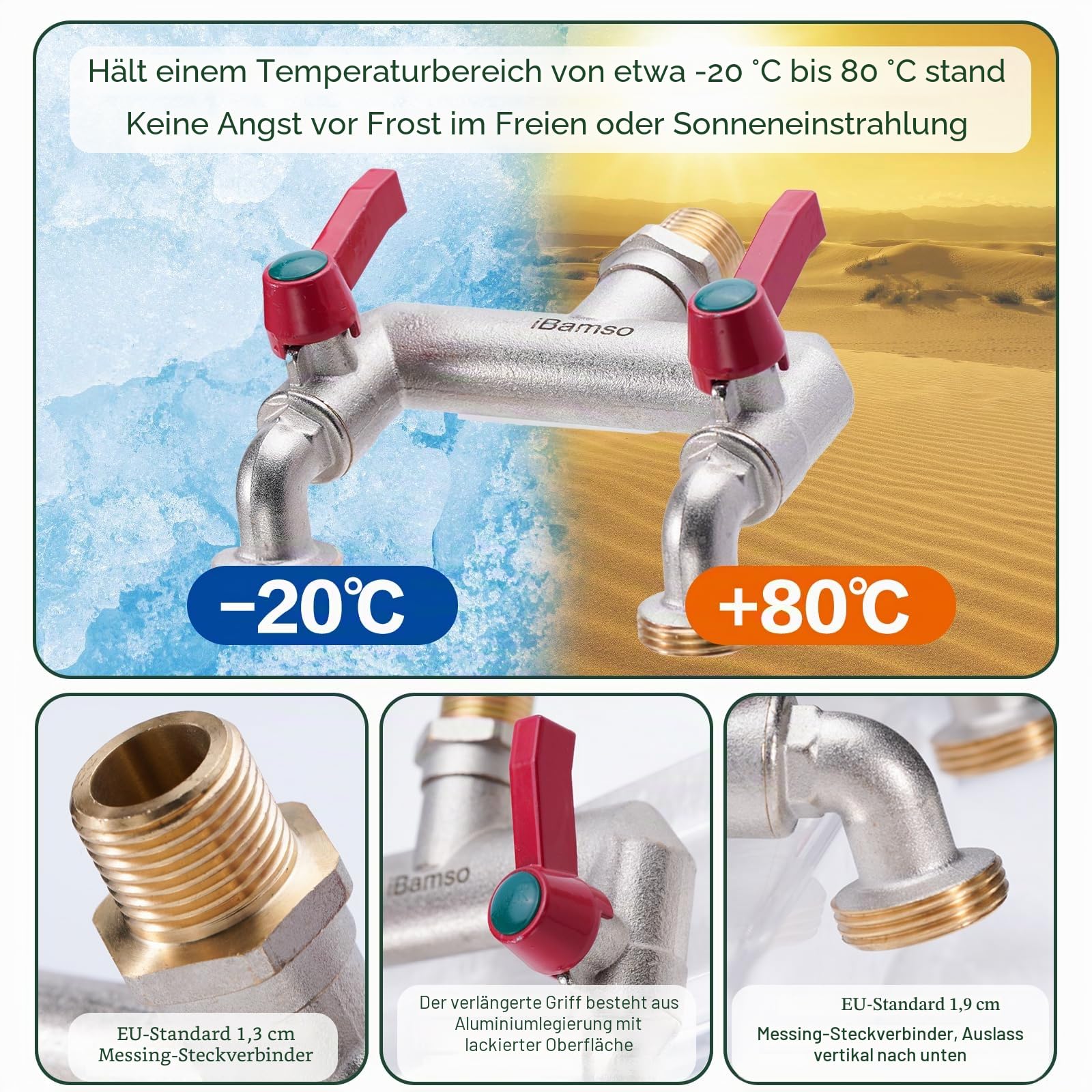 Messing 1/2 Zoll Doppelhahn & Splitter, 1/2 Zoll Einlass & zwei 3/4 Zoll Ausgänge, Kugelhahnhahn, 2-Wege-Wasserhahnanschluss