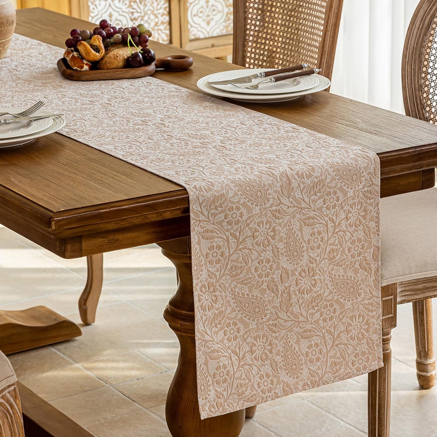 HEAVYWOOD Floral Table Runner Embroidery Farmhouse Paisley Boho Runner Table Cloth Rustic Vintage Tea Party Washable Table Cover Decor (Oatmeal, 106'')