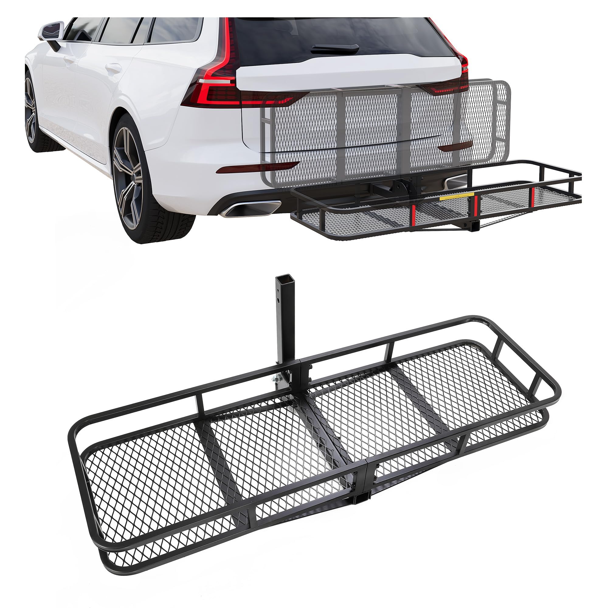 KUAFU 60"x21"x6" Folding Hitch Mount Cargo Carrier Rear Luggage Basket Fit 2" Receiver for Van, SUV, Truck, Trailer, Car 500LBS Capacity Fold Up Trailer Tow Hitch Cargo Rack