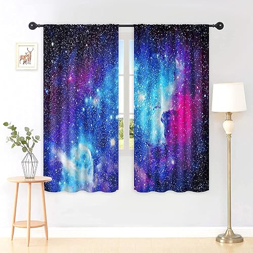 Miniatura 8 de Riyidecor Cortinas de nebulosa del espacio exterior de galaxia (2 paneles de 52 x 84 pulgadas) con bolsillo para barra azul, universo, planetas