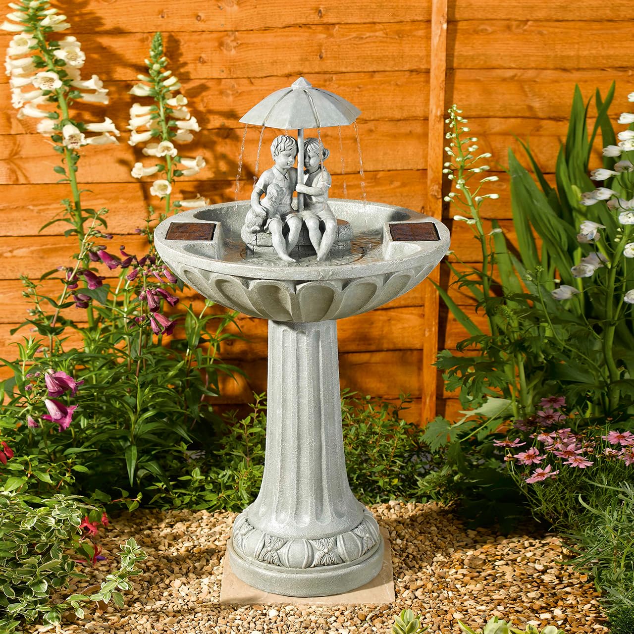 Umbrella Solar Powered Fountain - Stone Effect Outdoor Garden Water Feature or Bird Bath with Boy, Girl & Dog Sculpture & 4L Reservoir for Patio, Decking, Balcony, Yard, Lawn - H84 x 48cm Diameter