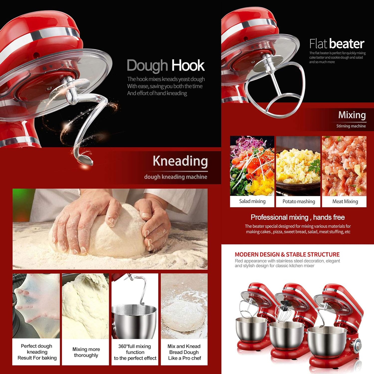 AIZYR Multi-Functional Kitchen Stand Mixer, 6-Speed 4L Tilt-Head Food Mixer with Stainless Steel Bowl, Beater, Dough Hook & Whisk,Us Plug