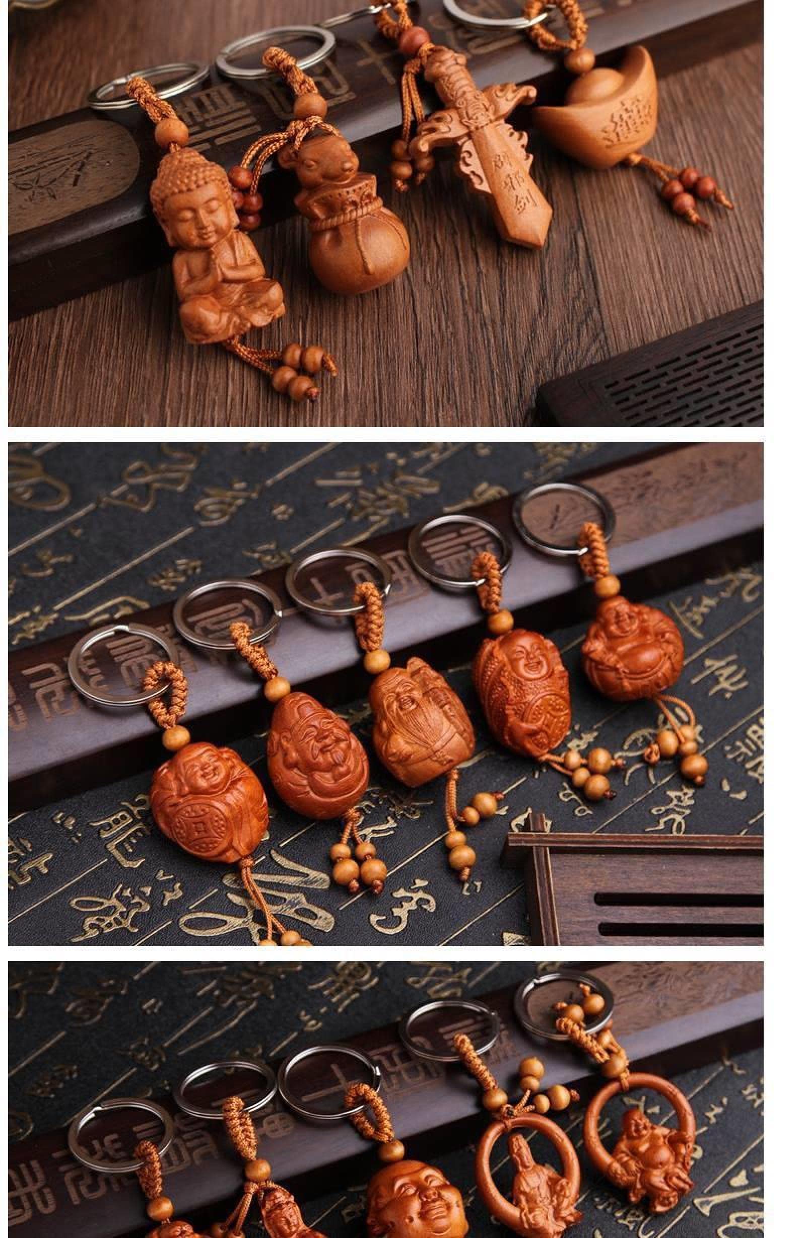 Amazon｜釈迦桃木キーホルダー、仏様立体彫刻自動車キーホルダー