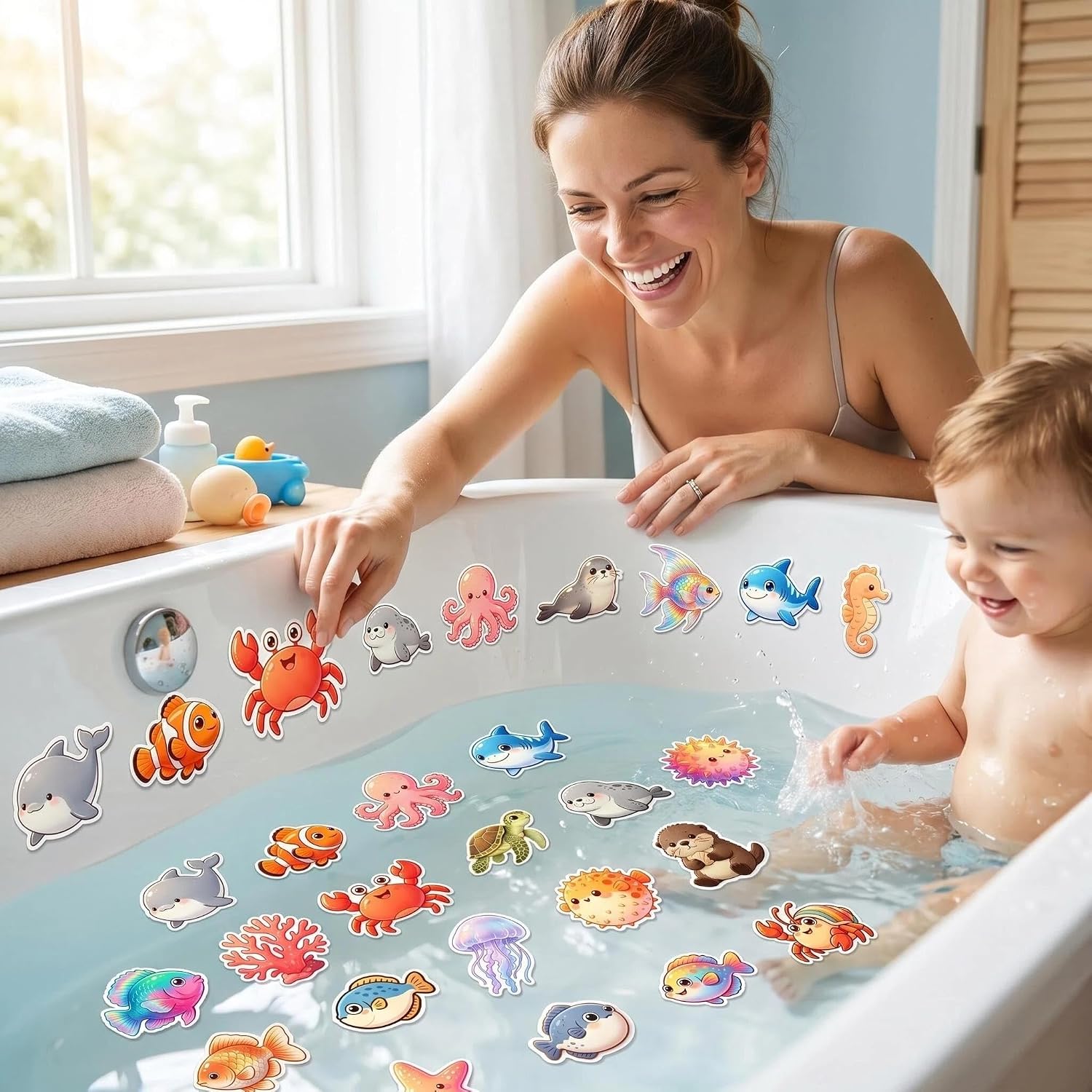 24Pcs Bathtub Non Slip Stickers with Strong Adhesive, Cute Sea Creature Anti Slip Shower Decals, Waterproof Non Slip Bath Tub Stickers for Shower Floor, Stairs, Kids Bathroom