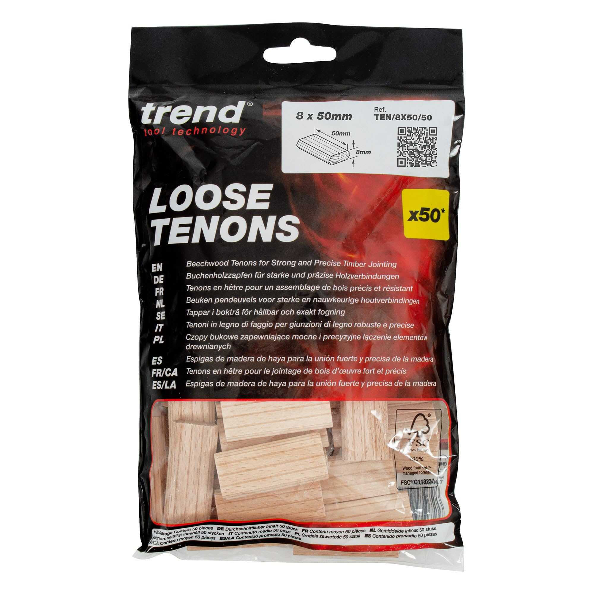 Trend 50 stuks beukenhouten dominostenen 10 x 50 mm voor Festool Domino Machine, 3/8 Inch x 1 31/32 inch losse pennen voor houtbewerking, schrijnwerk en meubellijsten, TEN/10X50/50