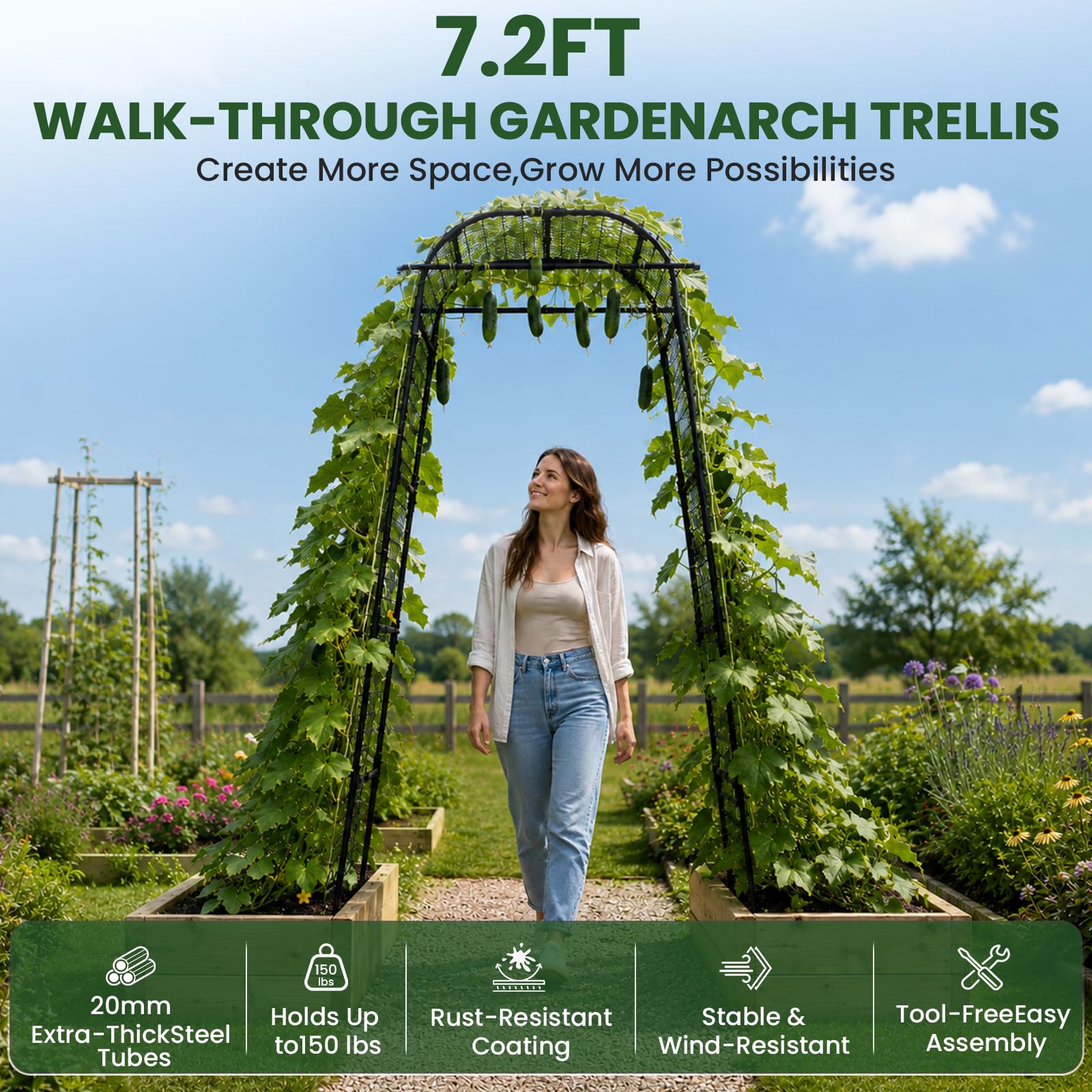 Condition photo showing New/Like New for heavy duty garden arch trellis for climbing plants, 20mm thick rustproof metal frame, easy assembly no tools, 7.2ft tall vine support with netting & gloves for cucumbers beans roses