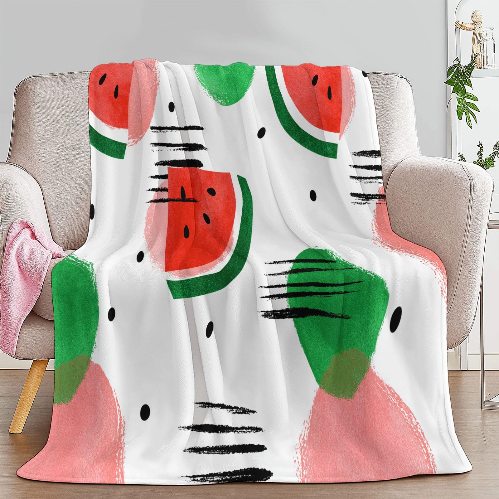 Manta Franela Estilo Minimalista Invierno Calentitas 220 x 240 cm, Suave y cálida Fruta Rayas De Sandía Lunares Estampado Manta de sofá para niñas niños Adultos sofá de Viaje