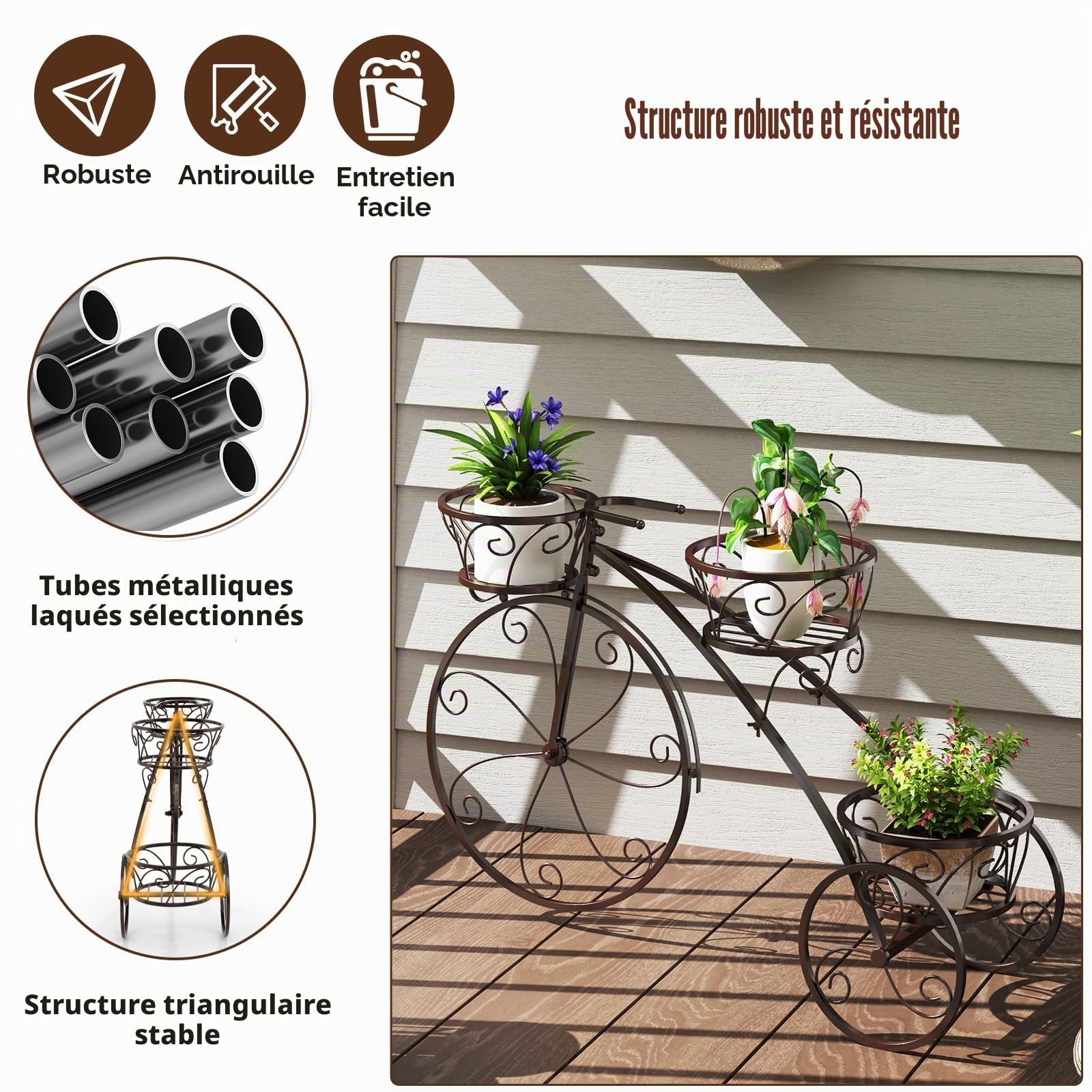 HOMASIS Support de Fleurs en Forme de Vélo, Échelle de Plantes en Métal avec 3 Niveaux, Jardinière pour Plantes, Style Vintage pour Jardin, Balcon, Bureau, Étagèrer, 85 x 25 x 50 cm, Bronze