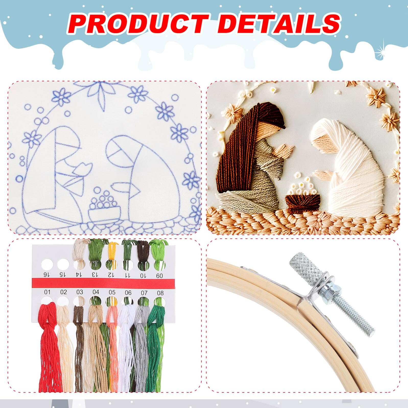 Homoyoyo Kit de Bordado Navideño para Principiantes 4 Aros de Bambú de 15 CM Telas de Lino y Algodón Incluye Tijeras Rosas Descosedor y Enhebrador Adecuado para Manualidades y