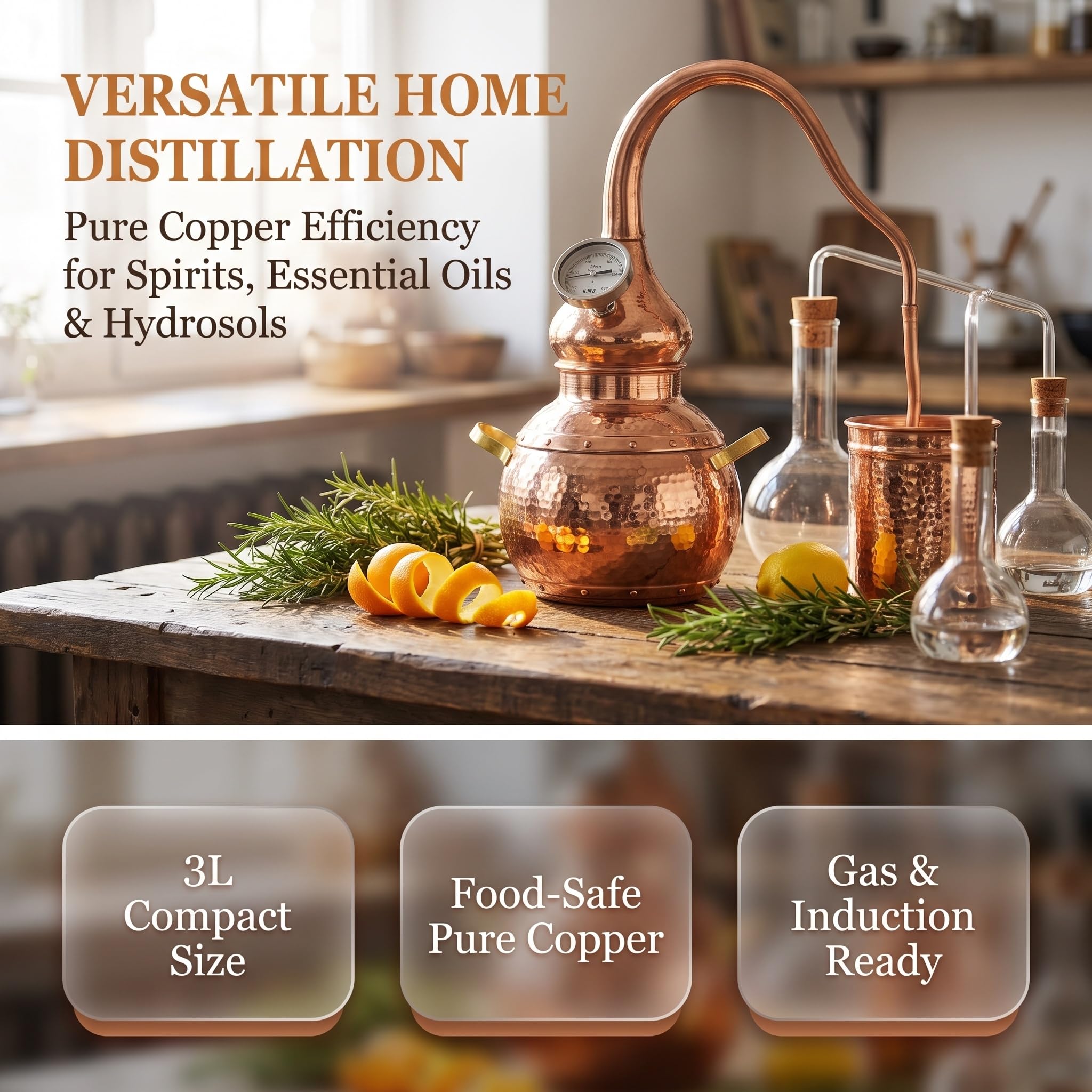 3-Liter-kupferbrennblase, Gärset Mit Thermometer, Kühlrohr, Brennkessel, DIY-heimbrennerei-Set Für Whisky, Moonshine, Ätherische Öle, Hydrolate