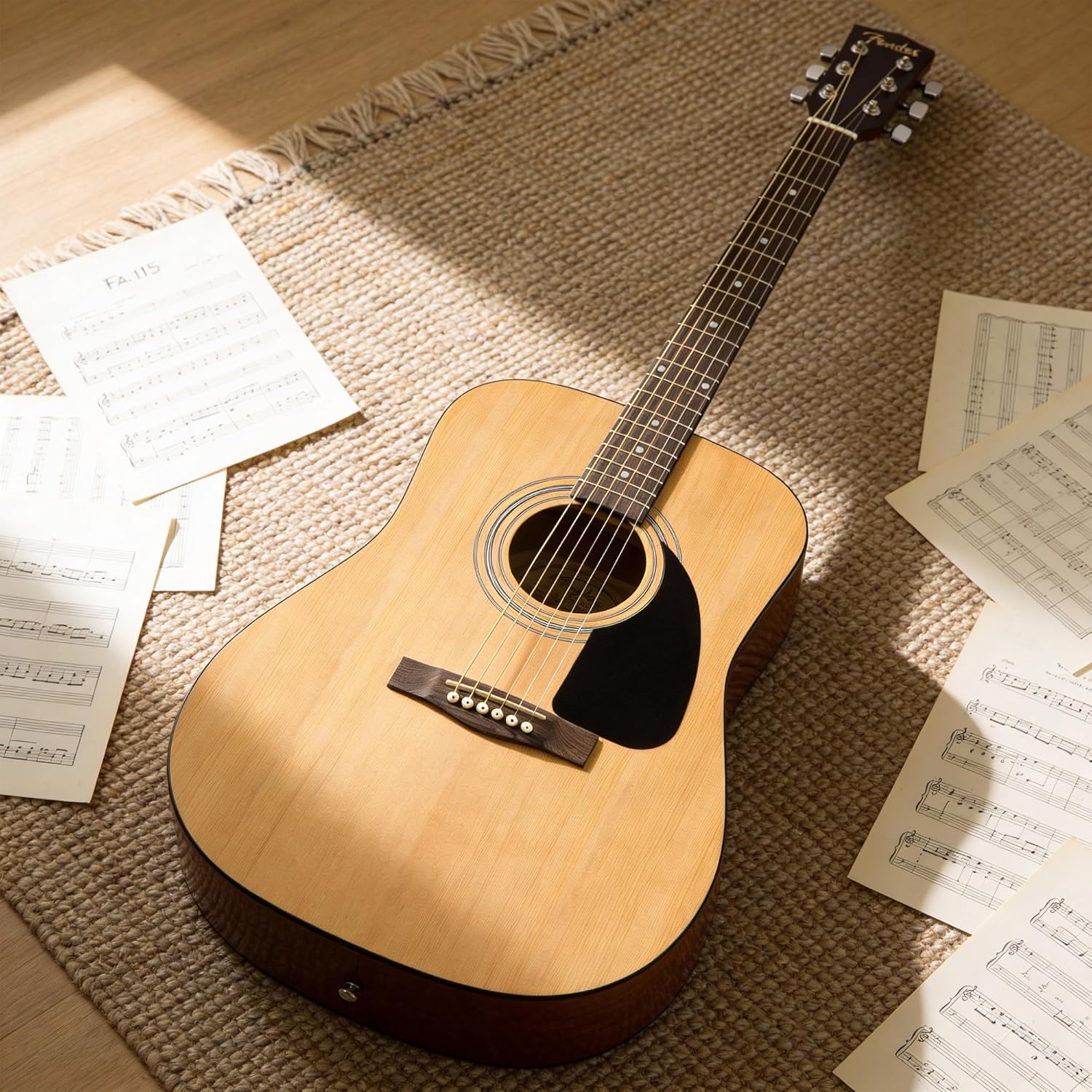 Fender FA-115 Dreadnought Acoustic Guitar - Natural Bundle with Hard Case, Tuner, Strings, Strap, and Picks