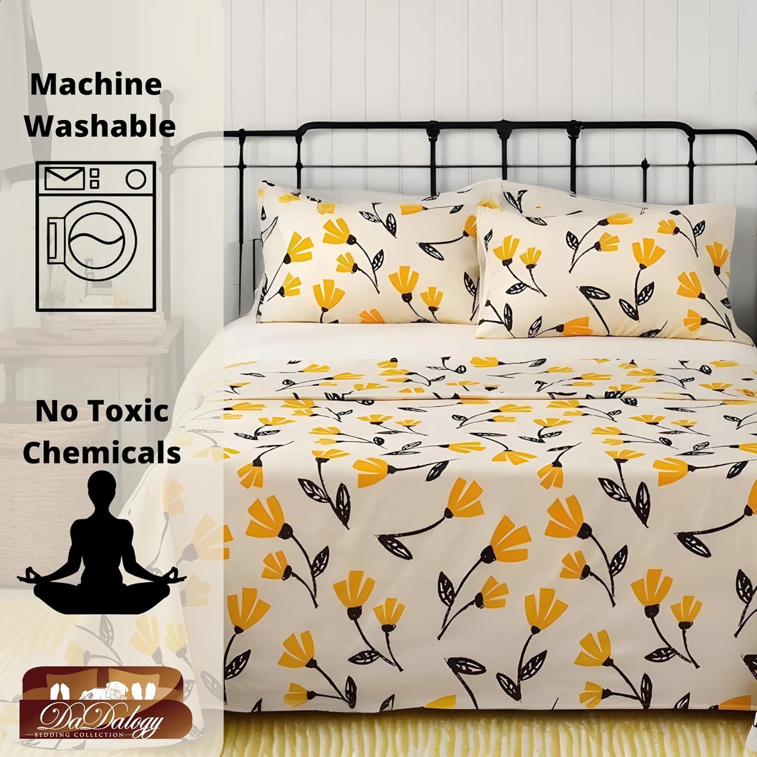 DaDalogy Bedding 9-Pieces Floral Bed in a Bag Set - Botanical Yellow Fleur Golden Tulips Bedspread Fitted & Flat Sheets Set w/Throw Euro Sham Pillow Covers & Window Curtain Valance - Twin Size