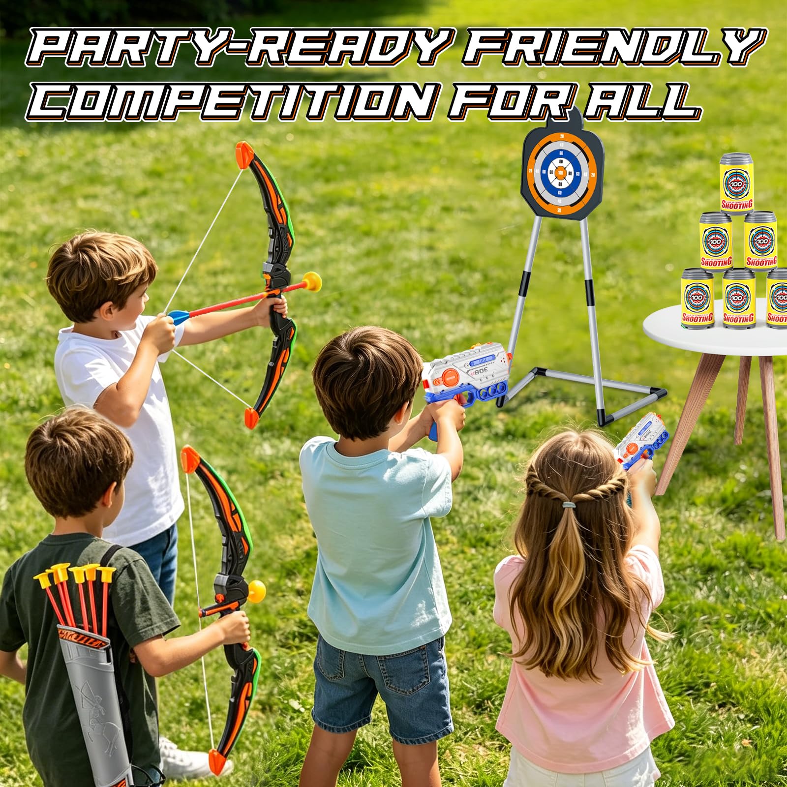 ROCKY&CHAO Freccia e arco per bambini, 2 LED con 12 frecce a ventosa, bersaglio in piedi, 2 pistole giocattolo, bersaglio per attività all'aperto, regalo per ragazzi e ragazze 4-12 anni