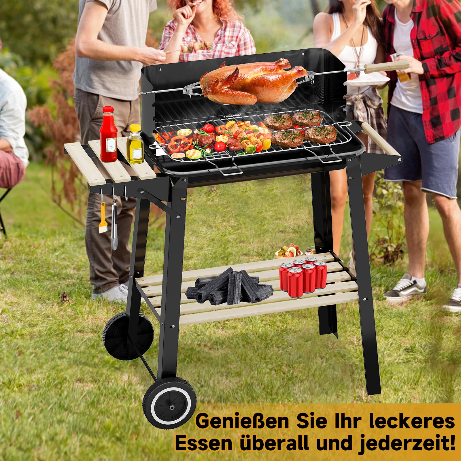 HOMELUX Grill na węgiel drzewny, 84 x 39 x 97 cm, grill stojący, ruszt do grillowania z kółkami i półką na drewno, idealny na piknik, do ogrodu, na kemping