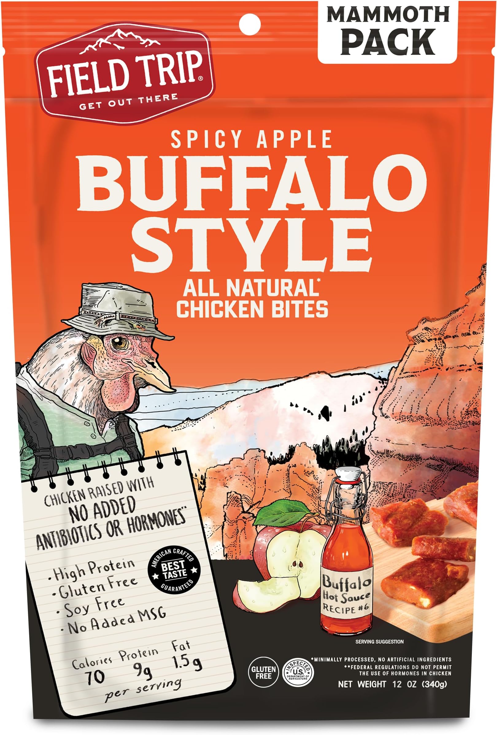Field Trip Chicken Jerky Bites, All Natural and Gluten Free, Keto and Paleo-Friendly Healthy Snack, Low Calorie, High Protein Snacks with No Nitrates, 12oz Bag, Spicy Buffalo Style