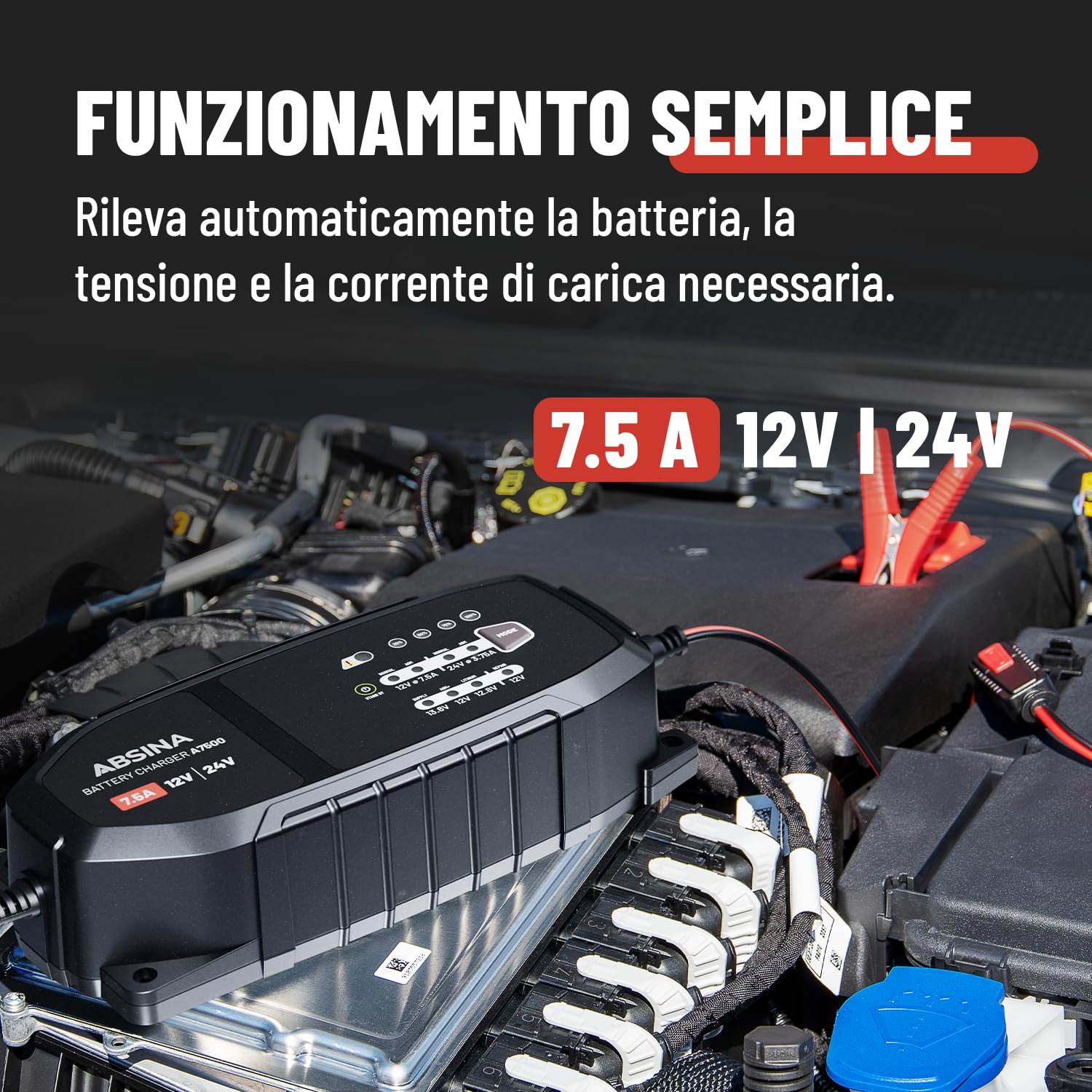 ABSINA Caricabatterie Auto 12V & 24V 7,5 A per Batterie al Piombo fino a | 240Ah & 12,8V Litio - Mantenitore di Carica Auto, Camper, Camion - Batteria Moto