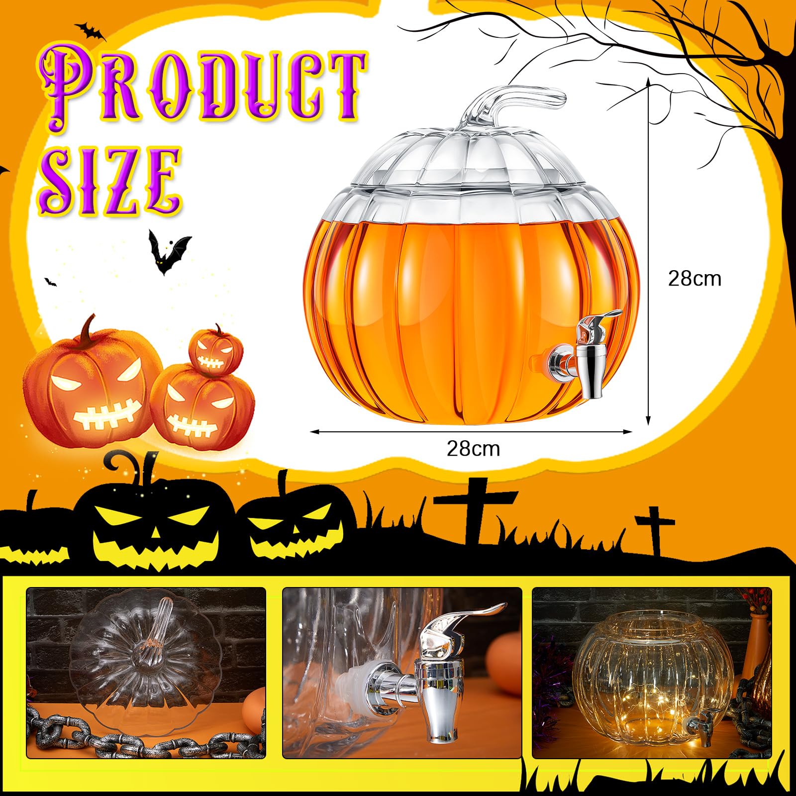Uiifan Confezione da 1 dispenser per bevande in vetro a forma di zucca da 5 litri, per autunno, Halloween, festa del Ringraziamento, dispenser per bevande con beccuccio, ciotola per punch a zucca per